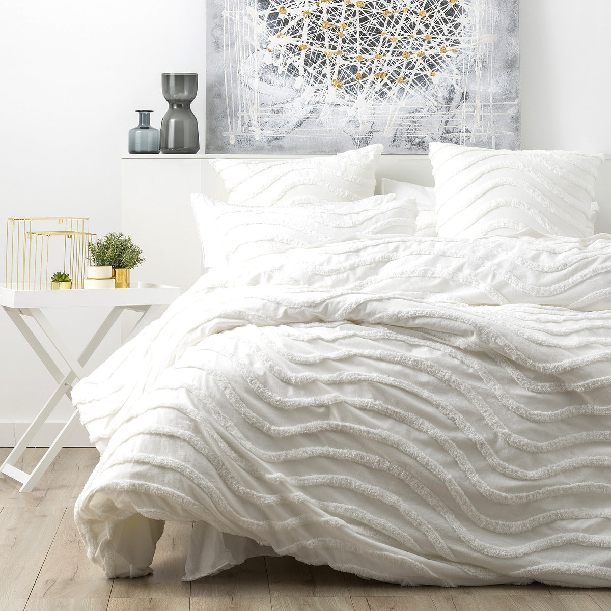 Cloud Linen Wave Quilt Cover Set - Double White