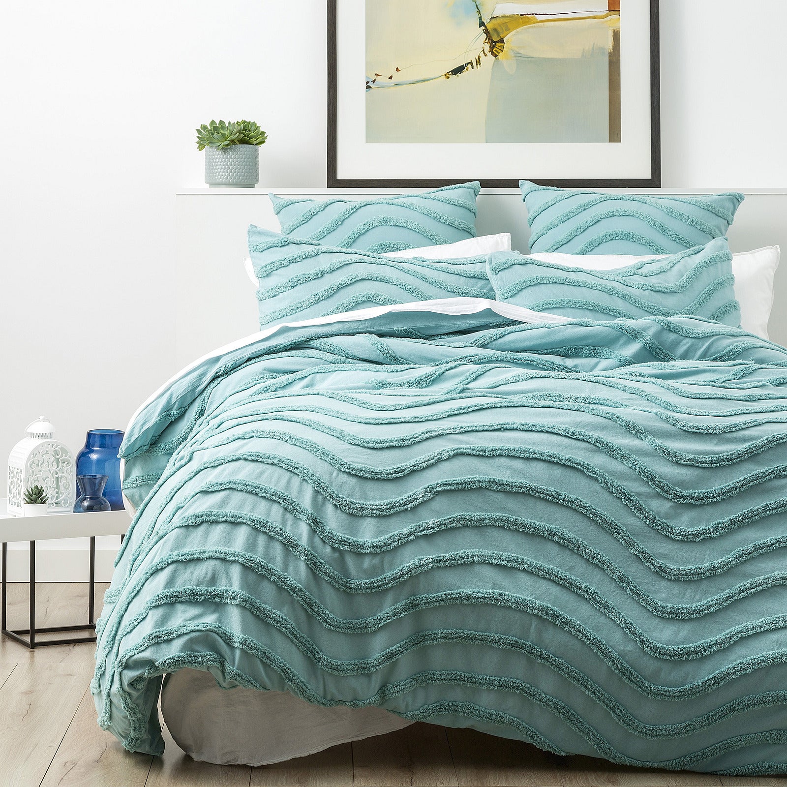 Cloud Linen Wave 100% Cotton Chenille Vintage washed tufted Quilt cover Set Queen Aqua