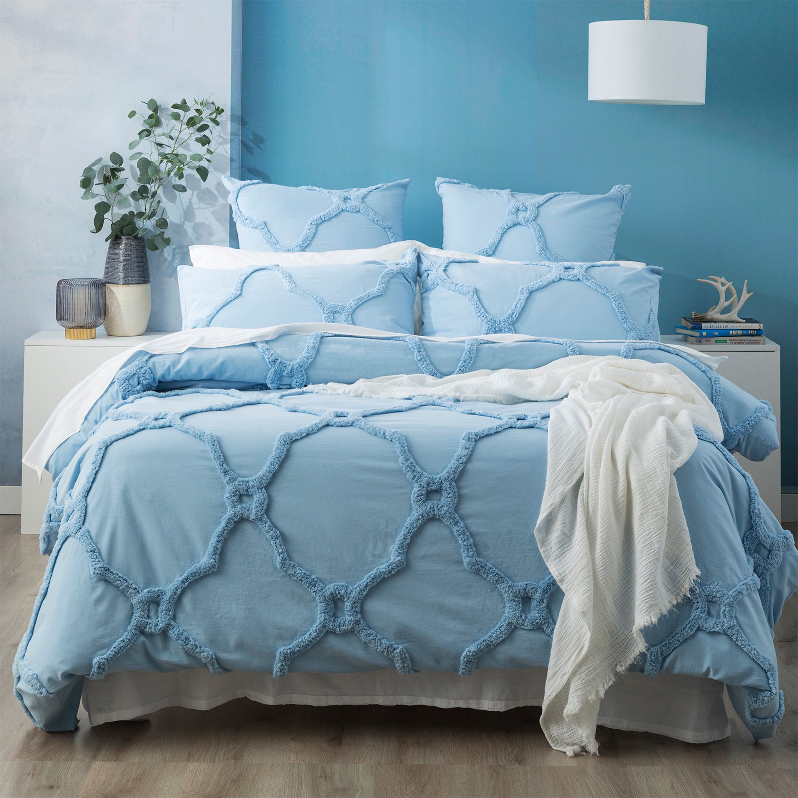 Renee Taylor Moroccan 100% Cotton Chenille Vintage washed Tufted Quilt cover set European P/Case Sky