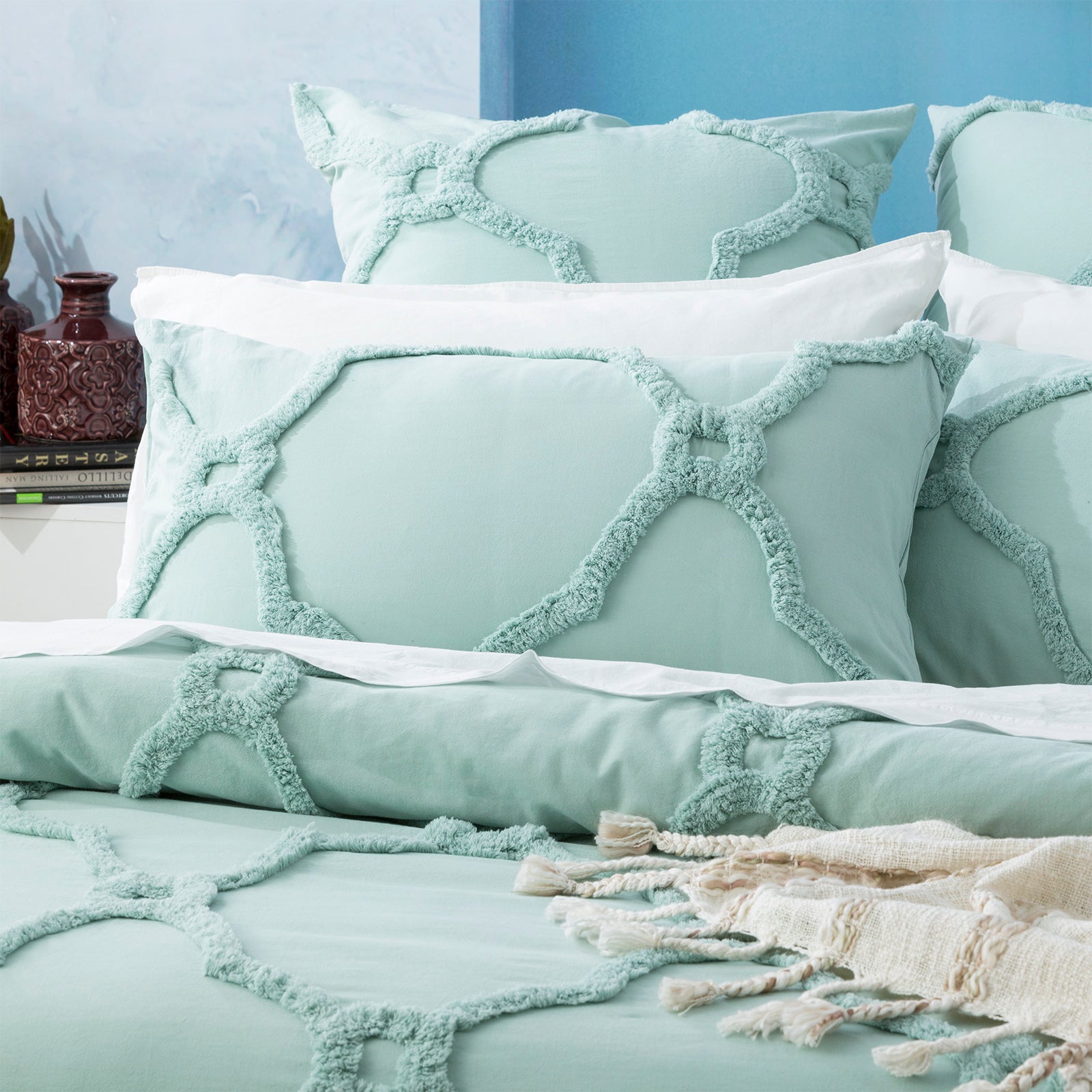 Renee Taylor Moroccan 100% Cotton Chenille Vintage washed Tufted Quilt cover set Super King Sage