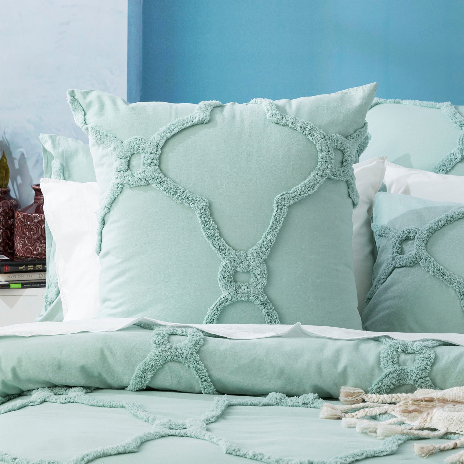 Renee Taylor Moroccan 100% Cotton Chenille Vintage washed Tufted Quilt cover set Super King Sage