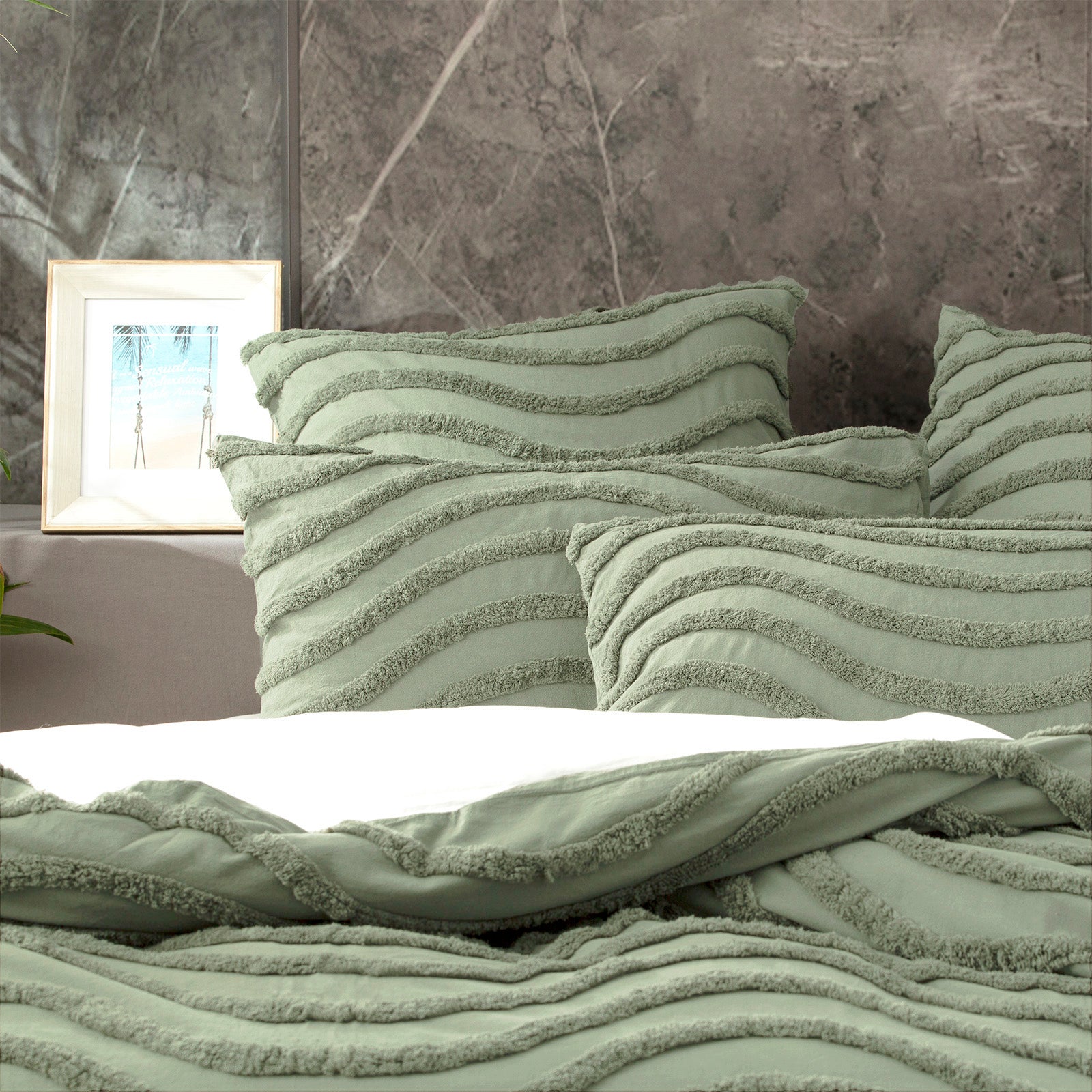 Cloud Linen Wave 100% Cotton Chenille Vintage washed tufted Quilt cover Set Queen Sage