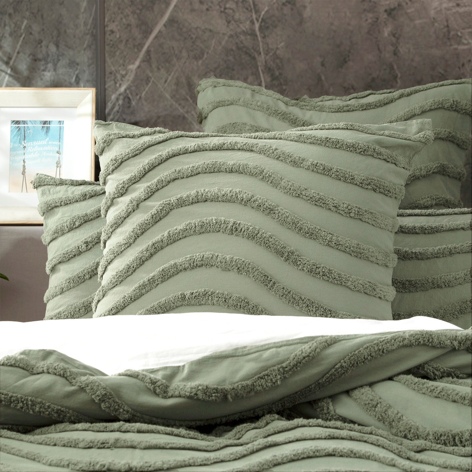 Cloud Linen Wave 100% Cotton Chenille Vintage washed tufted Quilt cover Set Queen Sage
