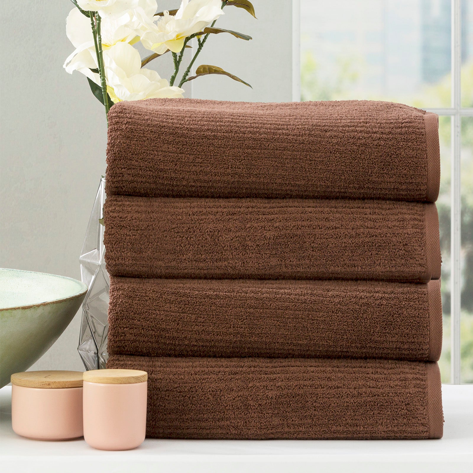 Renee Taylor Cobblestone 650 GSM Cotton Ribbed Towel Packs 14 Piece Toffee