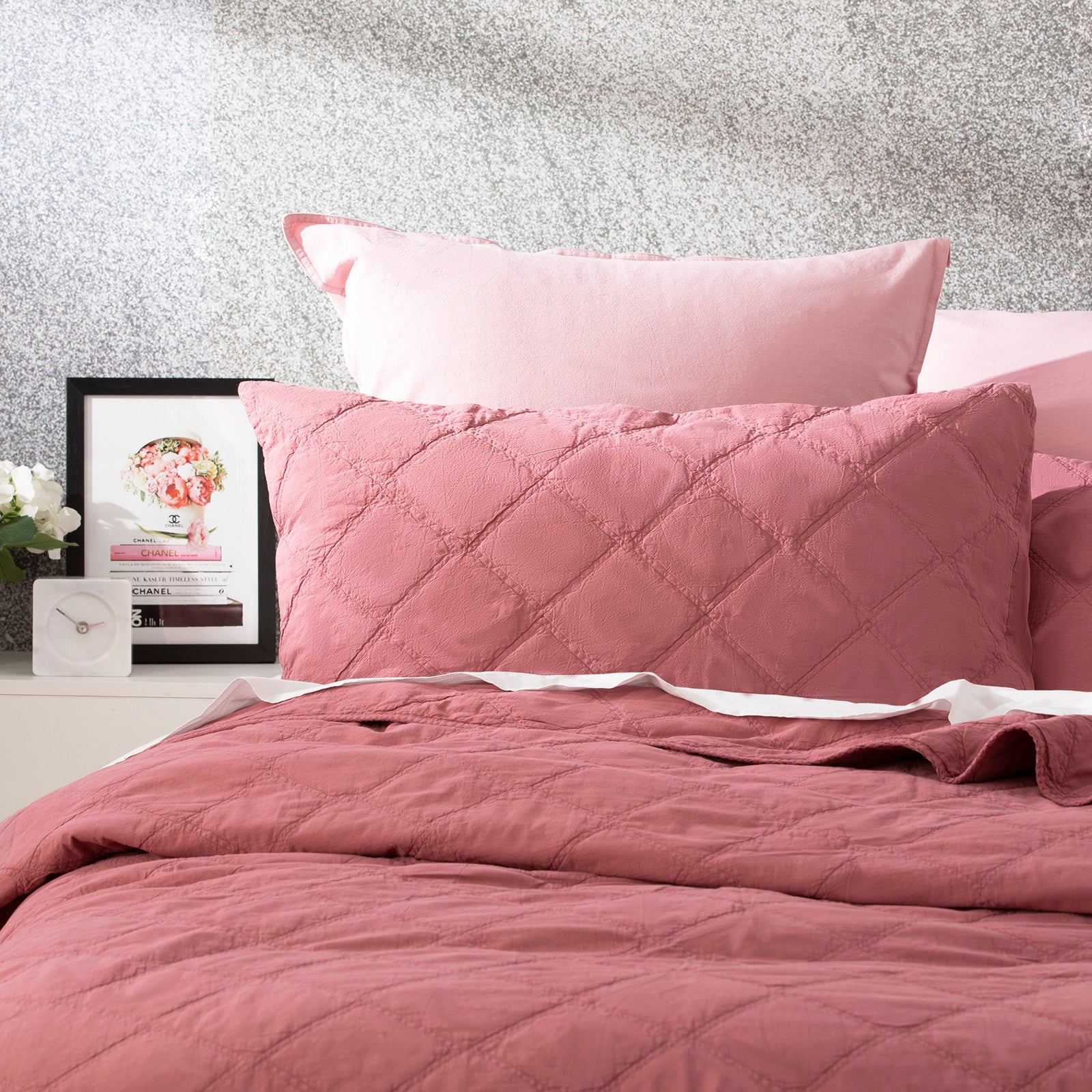 Renee Taylor Attwood Vintage Stone Washed Cotton Quilted Coverlet set Queen/King Rose