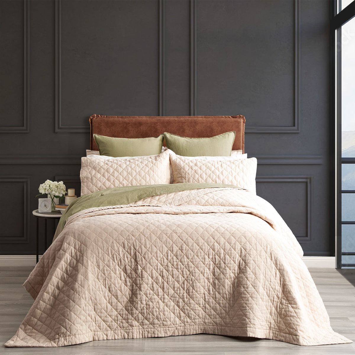 Renee Taylor Cavallo Stone Washed French Linen Quilted Coverlet Set - Queen/King - Natural