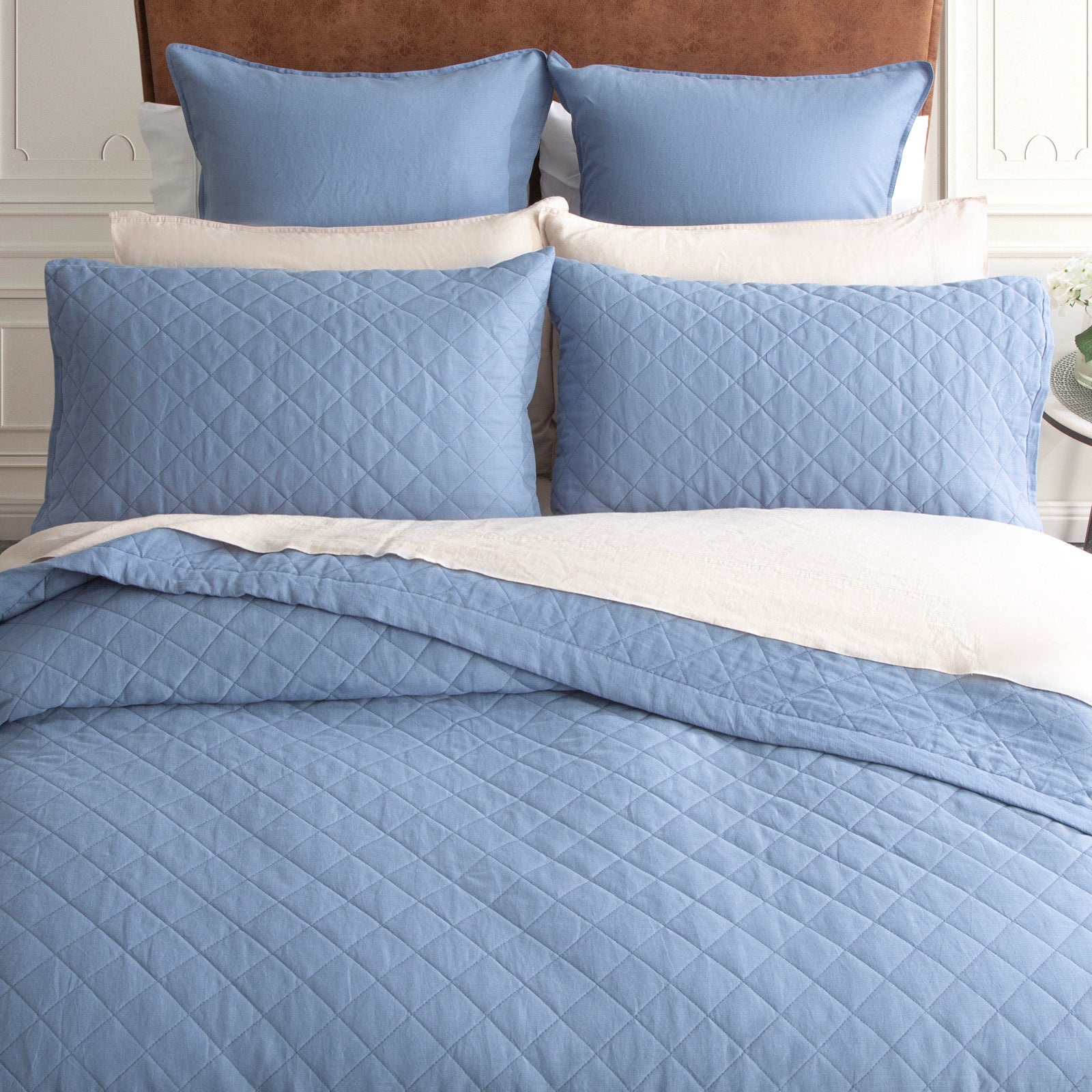 Renee Taylor Cavallo Stone washed French Linen Quilted Bed Coverlet Set Super King Denim