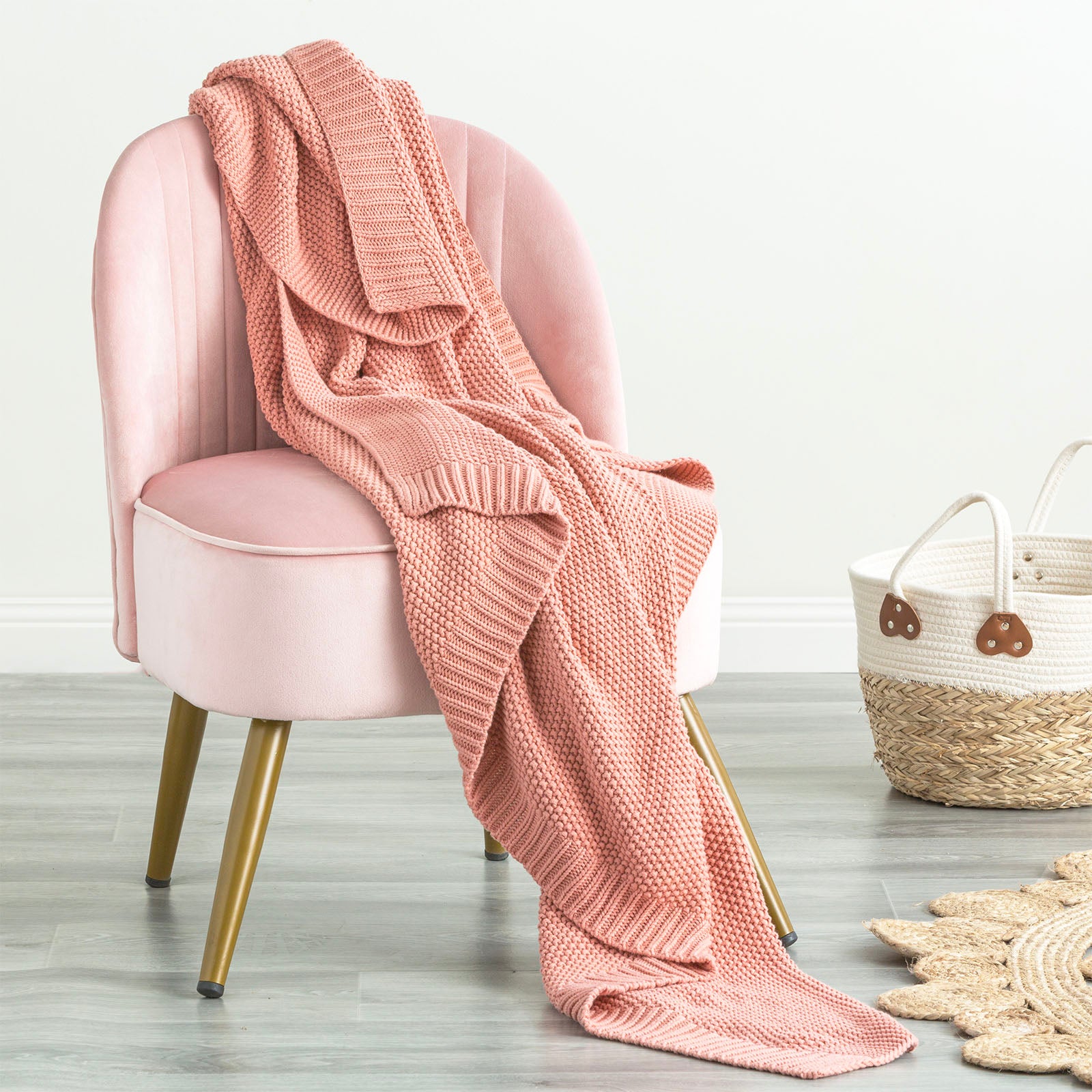 Renee Taylor Moss Seed Stitch 100% Cotton Knitted Throw 130 x 170 Cms Rose
