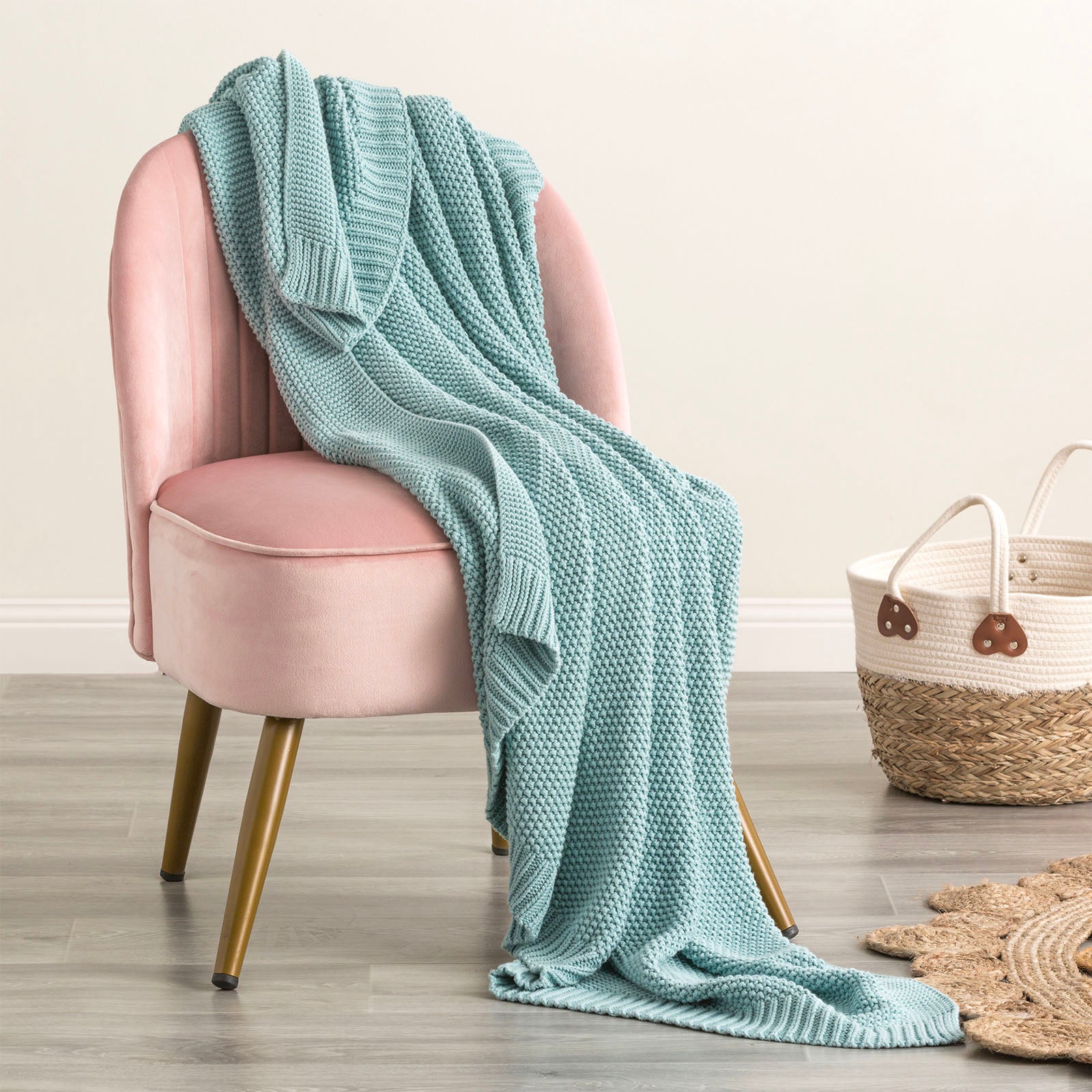 Renee Taylor Moss Seed Stitch 100% Cotton Knitted Throw 130 x 170 Cms French Blue