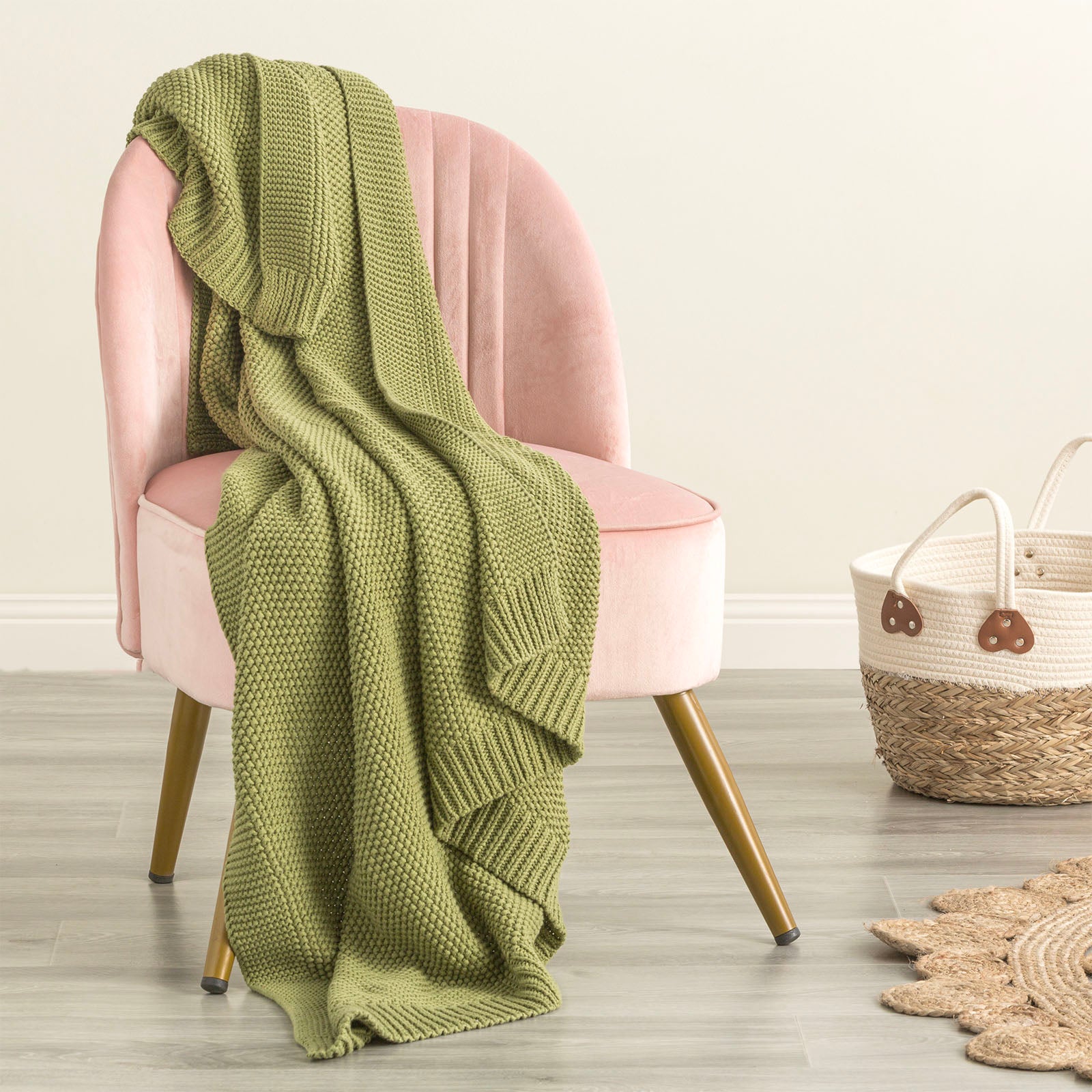 Renee Taylor Moss Seed Stitch 100% Cotton Knitted Throw 130 x 170 Cms Sage