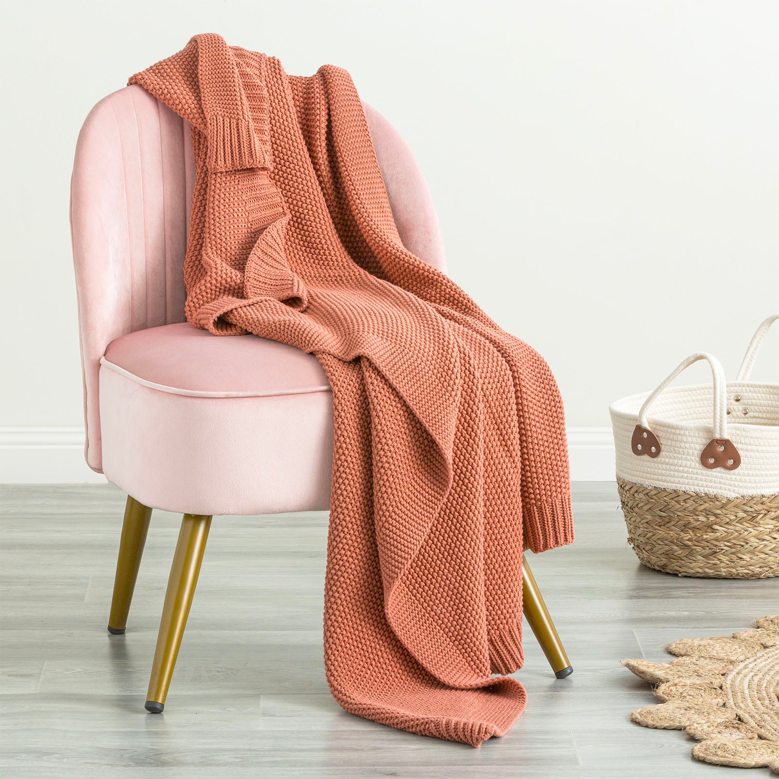 Renee Taylor Moss Seed Stitch 100% Cotton Knitted Throw 130 x 170 Cms Rust