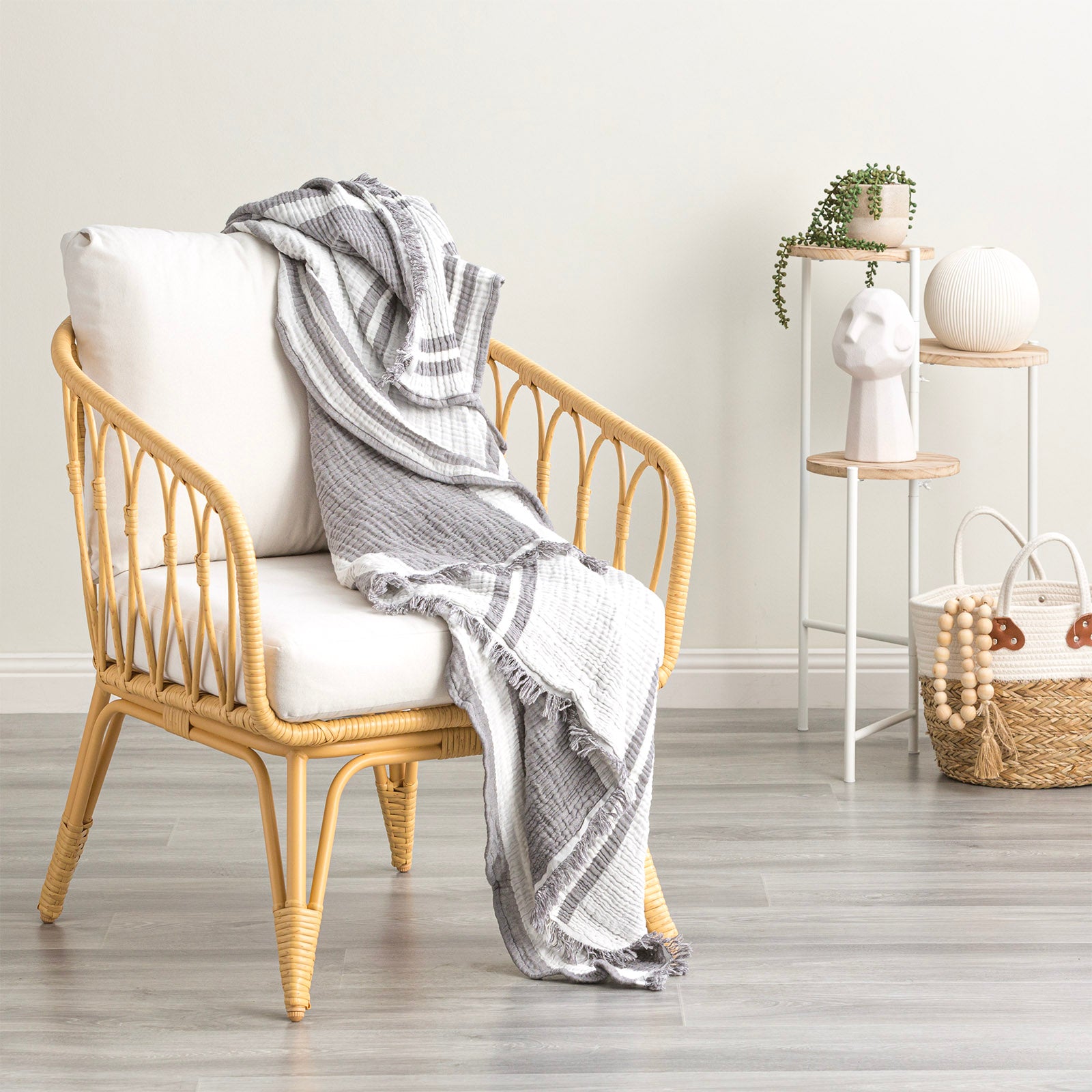 Renee Taylor Ray Striped Vintage Washed Yarn Dyed Textured Cotton Throw 130 x 200 Cms Nude