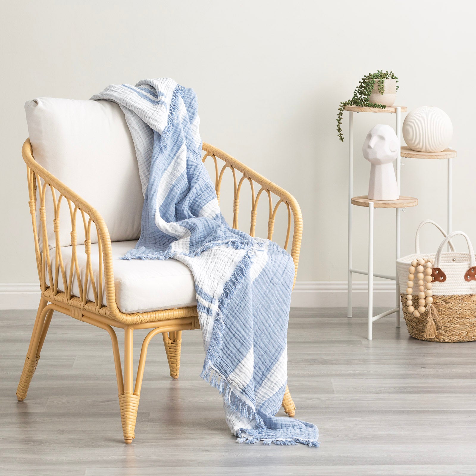 Renee Taylor Ray Striped Vintage Washed Yarn Dyed Textured Cotton Throw 130 x 200 Cms Artic