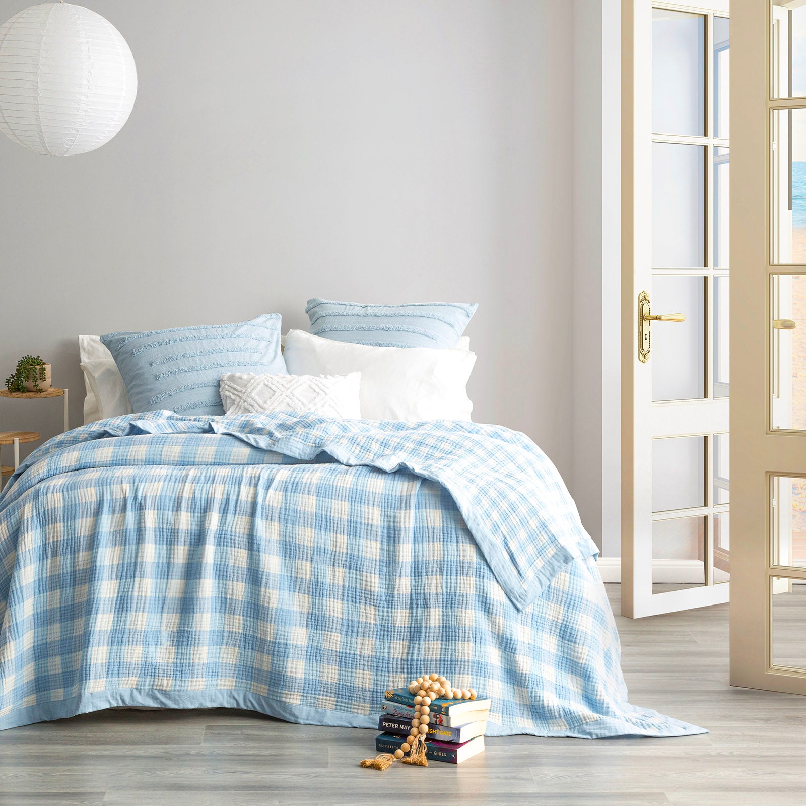 Renee Taylor Gingham Washed Cotton Yarn Dyed Revesible Textured Blanket Queen/King French Blue