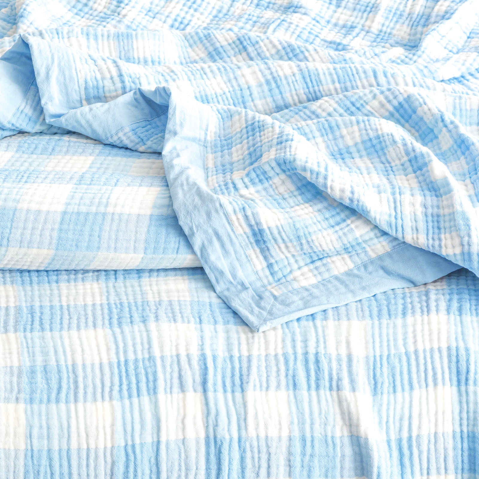 Renee Taylor Gingham Washed Cotton Yarn Dyed Revesible Textured Blanket Single/Double French Blue