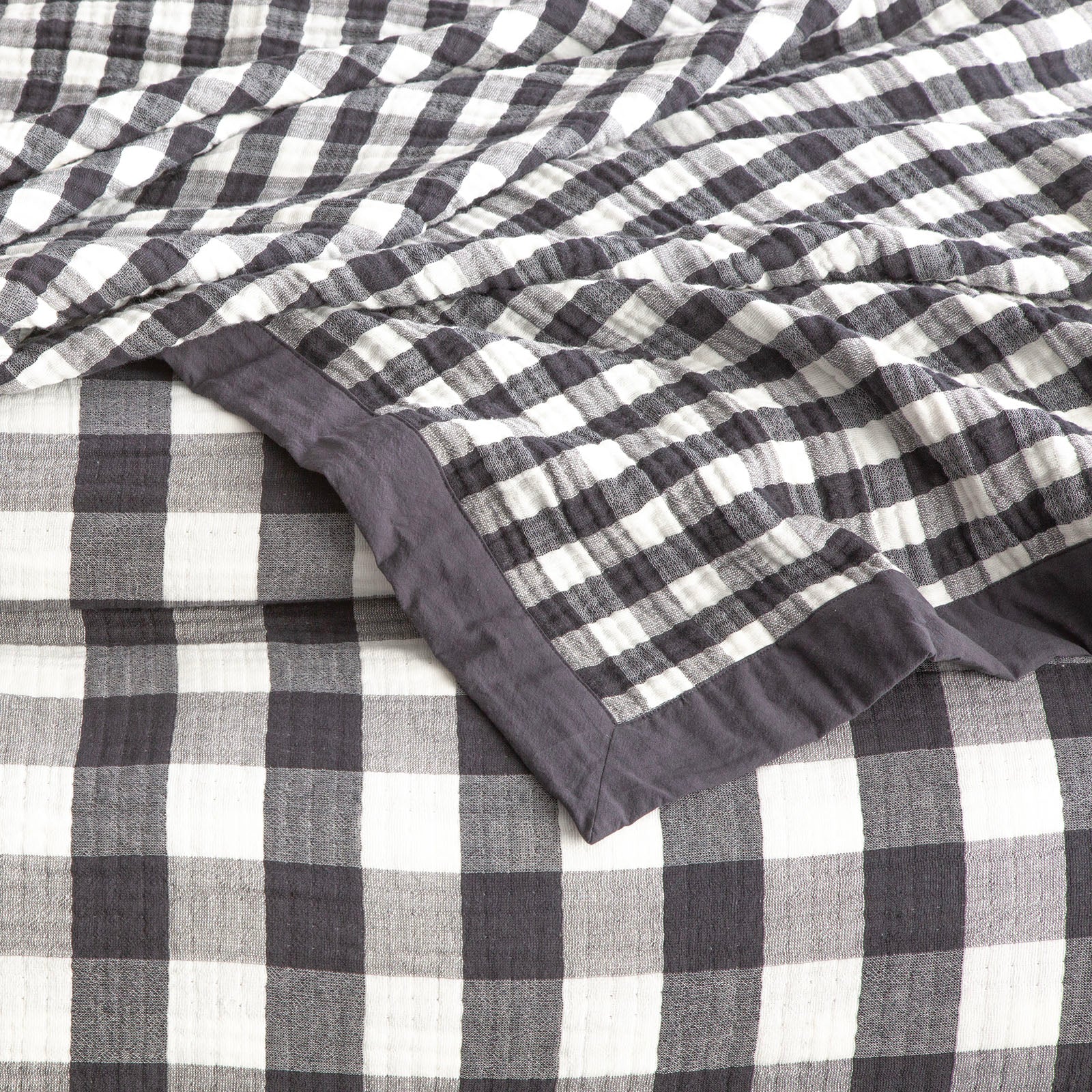 Renee Taylor Gingham Washed Cotton Yarn Dyed Revesible Textured Blanket Queen/King Ash
