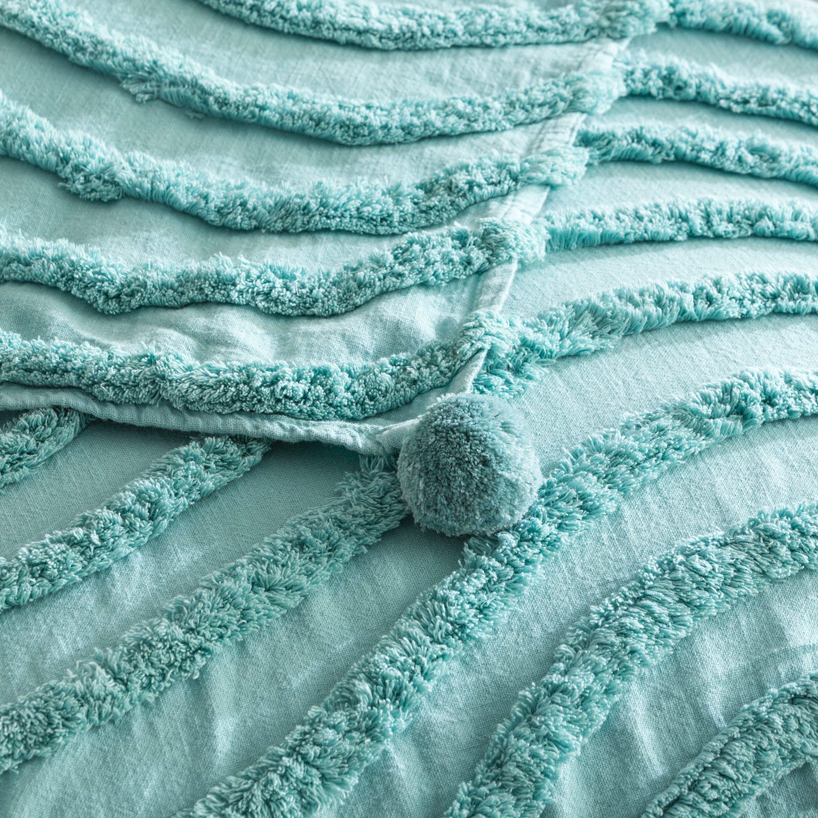 Renee Taylor Wave Cotton Chenille Vintage Washed Tufted Throw 130 x 200 Cms Aqua