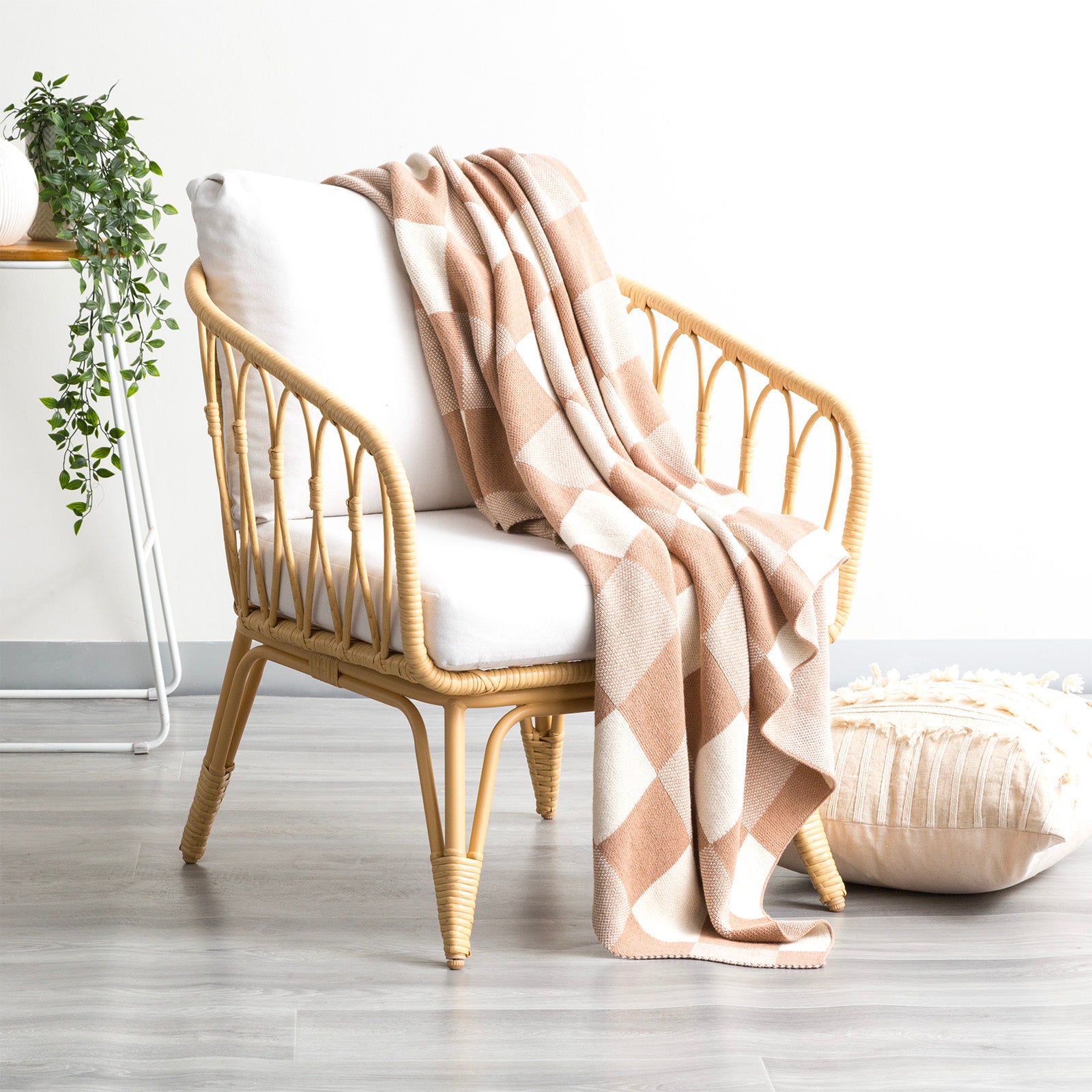 Renee Taylor Newport Checkered Cotton Knitted Throw 130 x 170 cms Tan