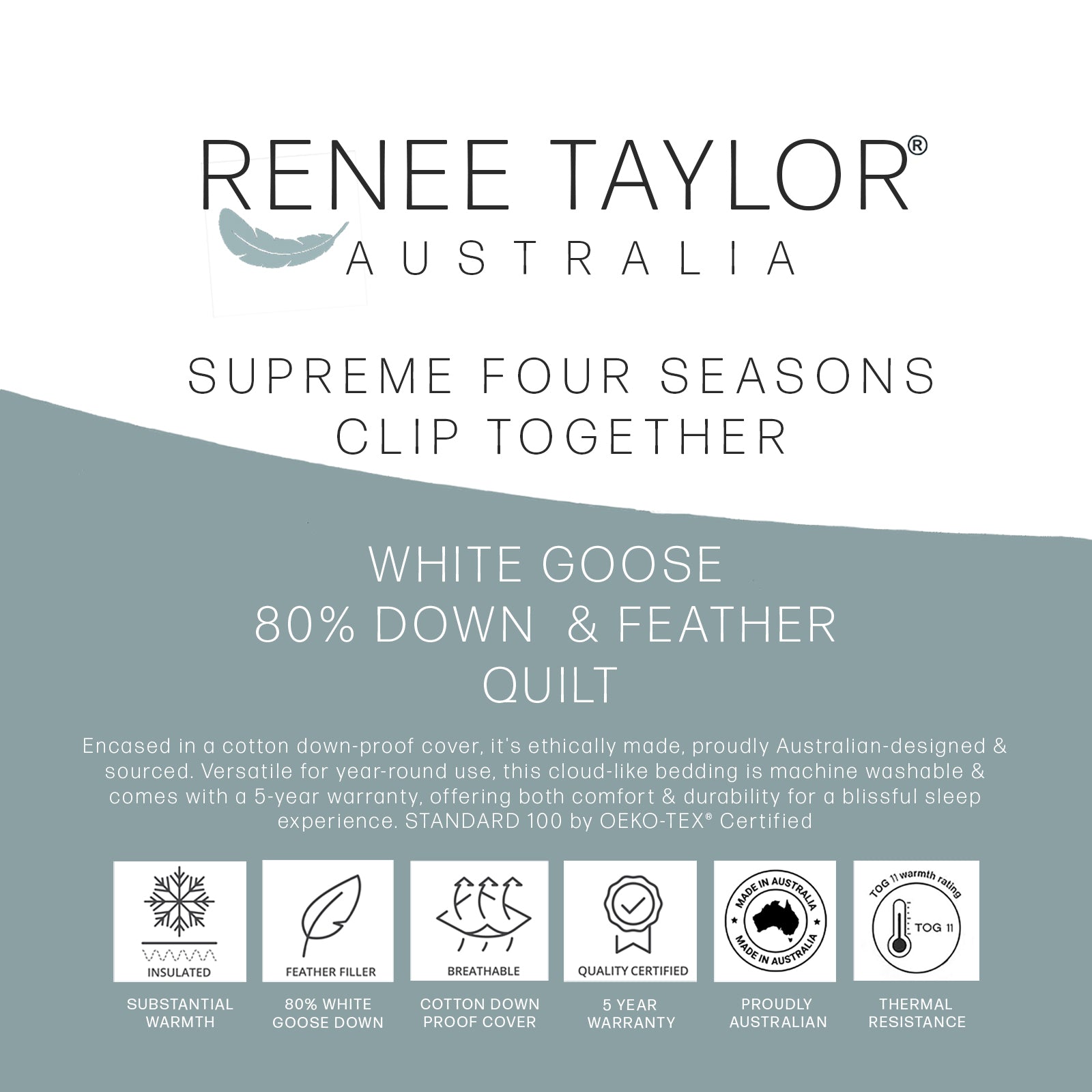 Renee Taylor Supreme Four Seasons Clip Together 80% White Goose Down and Feather Quilt