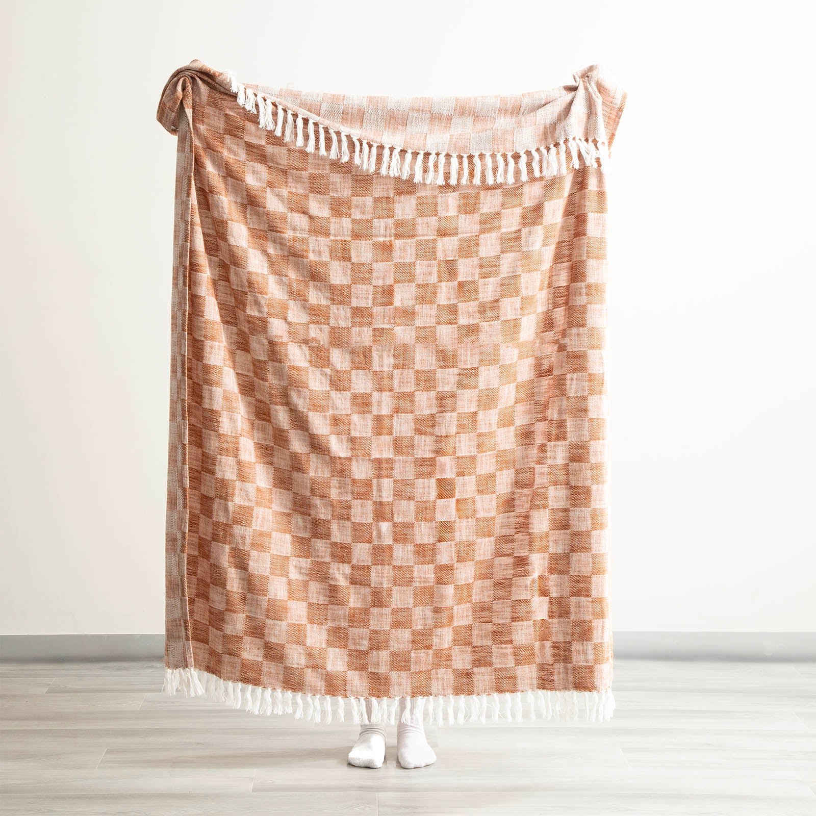 Renee Taylor Nevis Checkered Stone Washed Yarn-Dyed Throw 130 x 170 cms Terracotta