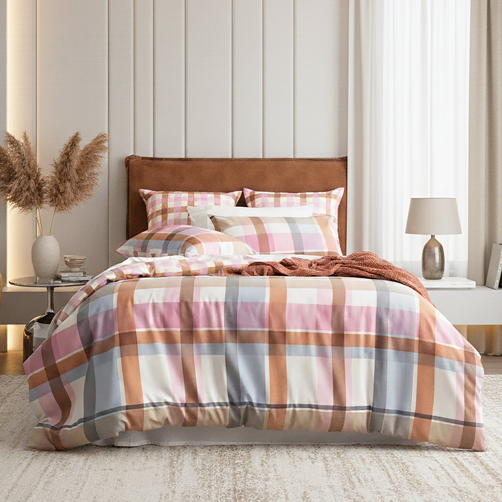 Renee Taylor Textured Cotton Slub Reversible Quilt Cover Set Queen Miranda Check