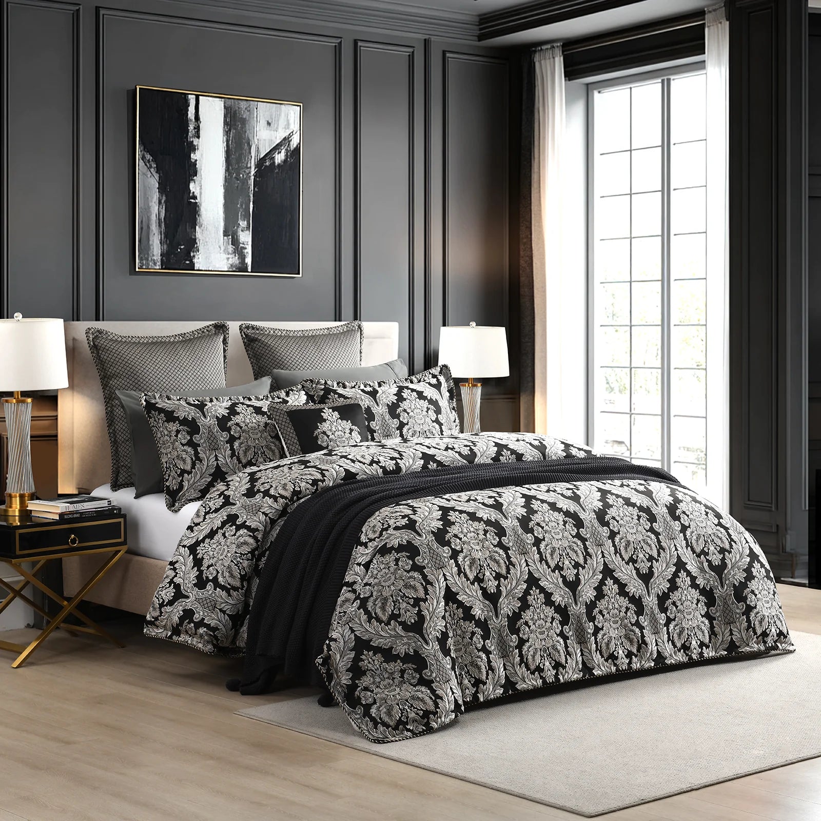 Renee Taylor Greta Jacquard Damask Quilt Cover Set – Champagne & Black