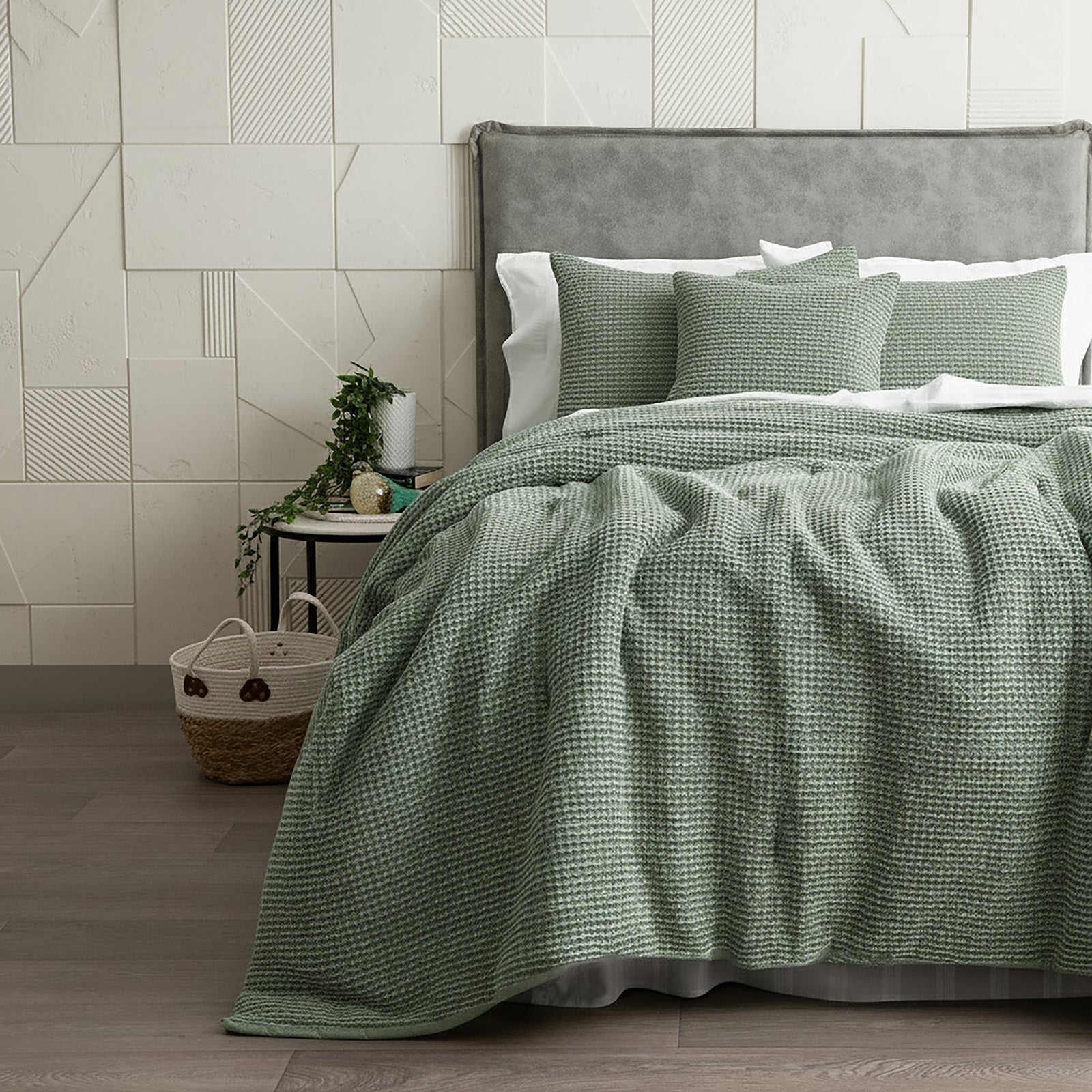 Cloud Linen Boronia Stone Washed Cotton Waffle Comforter Set Double/Queen Moss