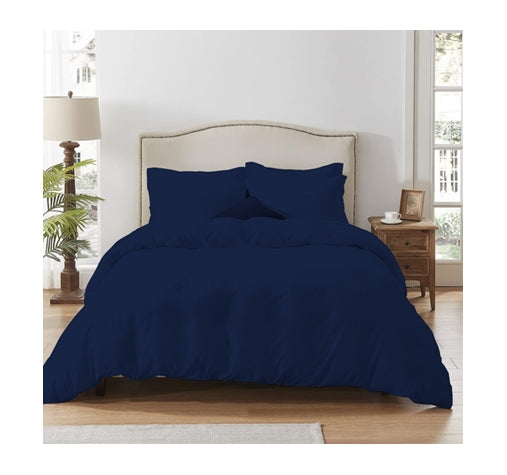 250 thread count cotton and polyester blend fitted sheet with pillowcase in single, double, queen and king in navy