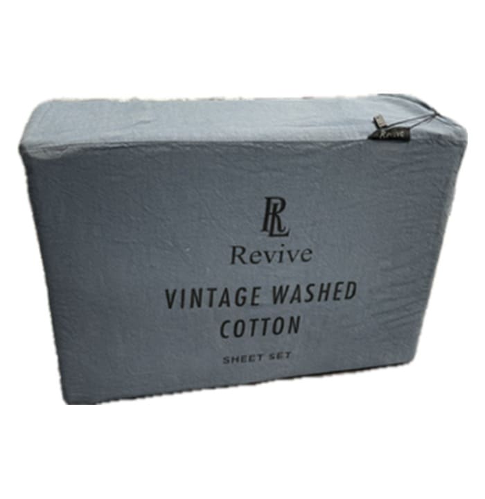 Revive Living Vintage Washed 100% Cotton Sheet Set with fitted sheet, flat sheet and pillowcases for Single, Double, King, Queen, and Super King beds in blue
