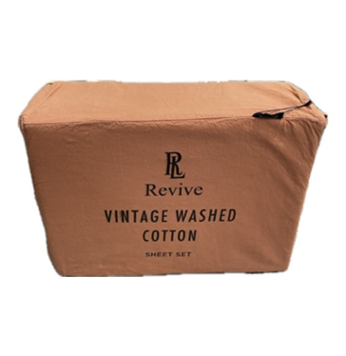 Revive Living Vintage Washed 100% Cotton Sheet Set with fitted sheet, flat sheet and pillowcases for Single, Double, King, Queen, and Super King beds in Brick Orange/Red
