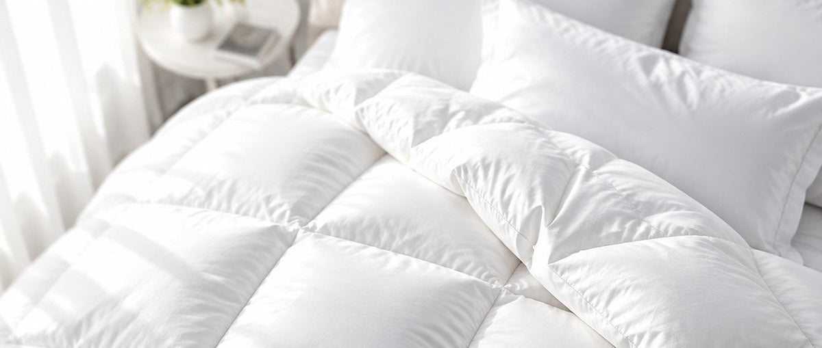 Layered quilt and bedding in a bright, comfortable bedroom with soft natural daylight.