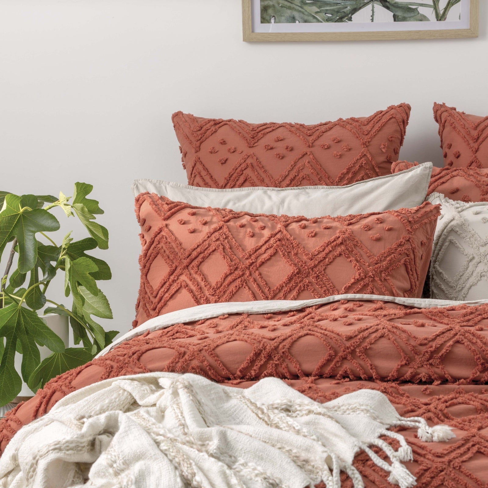 Park Avenue Medallion cotton Vintage washed Tufted Quilt Cover set Euro P/Case Auburn