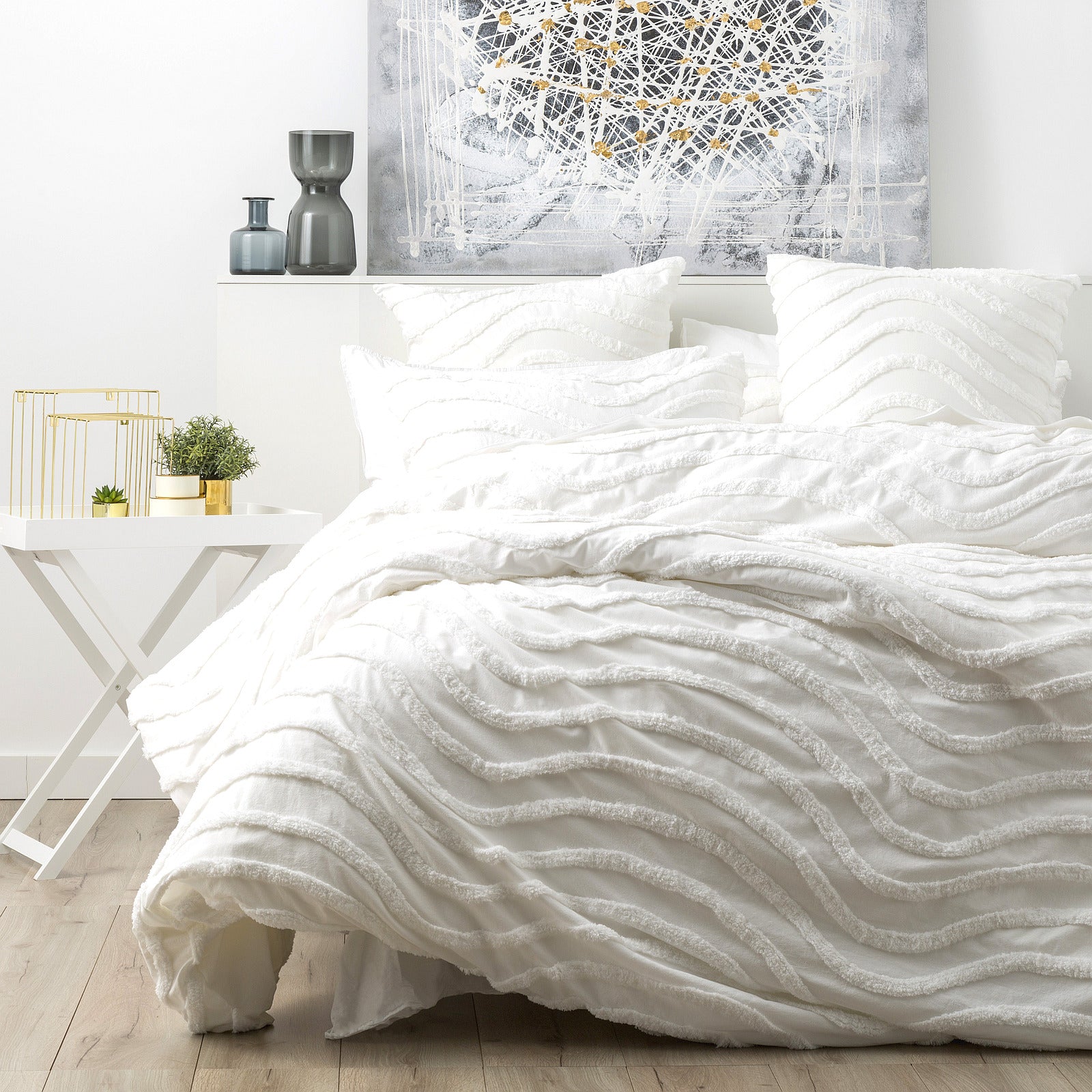 Cloud Linen Wave 100% Cotton Chenille Vintage washed tufted Quilt cover Set Double White