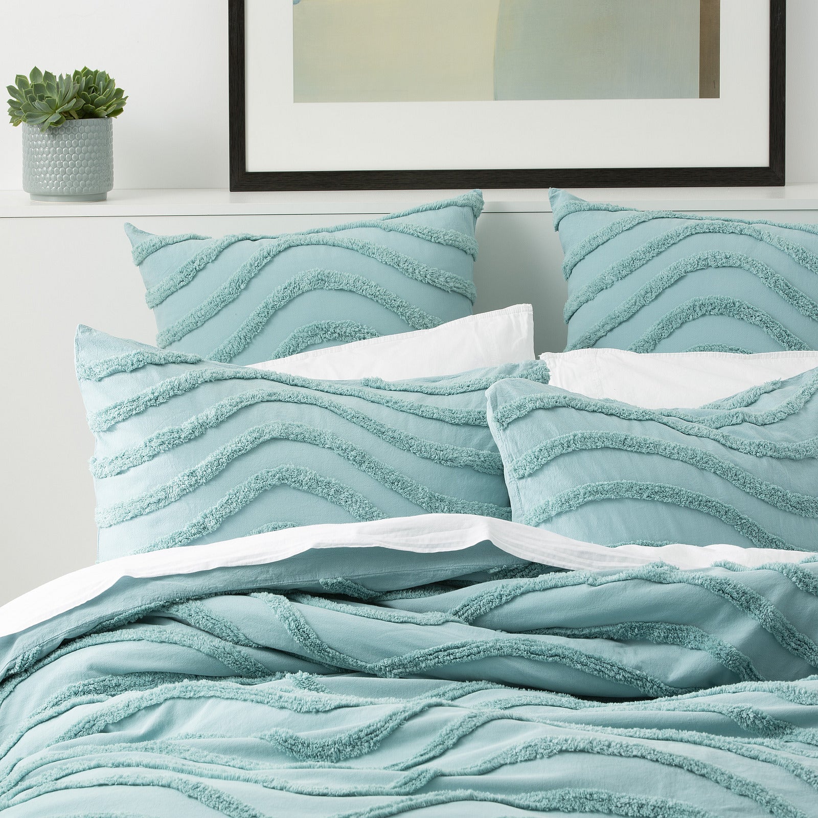 Cloud Linen Wave 100% Cotton Chenille Vintage washed tufted Quilt cover Set Double Aqua