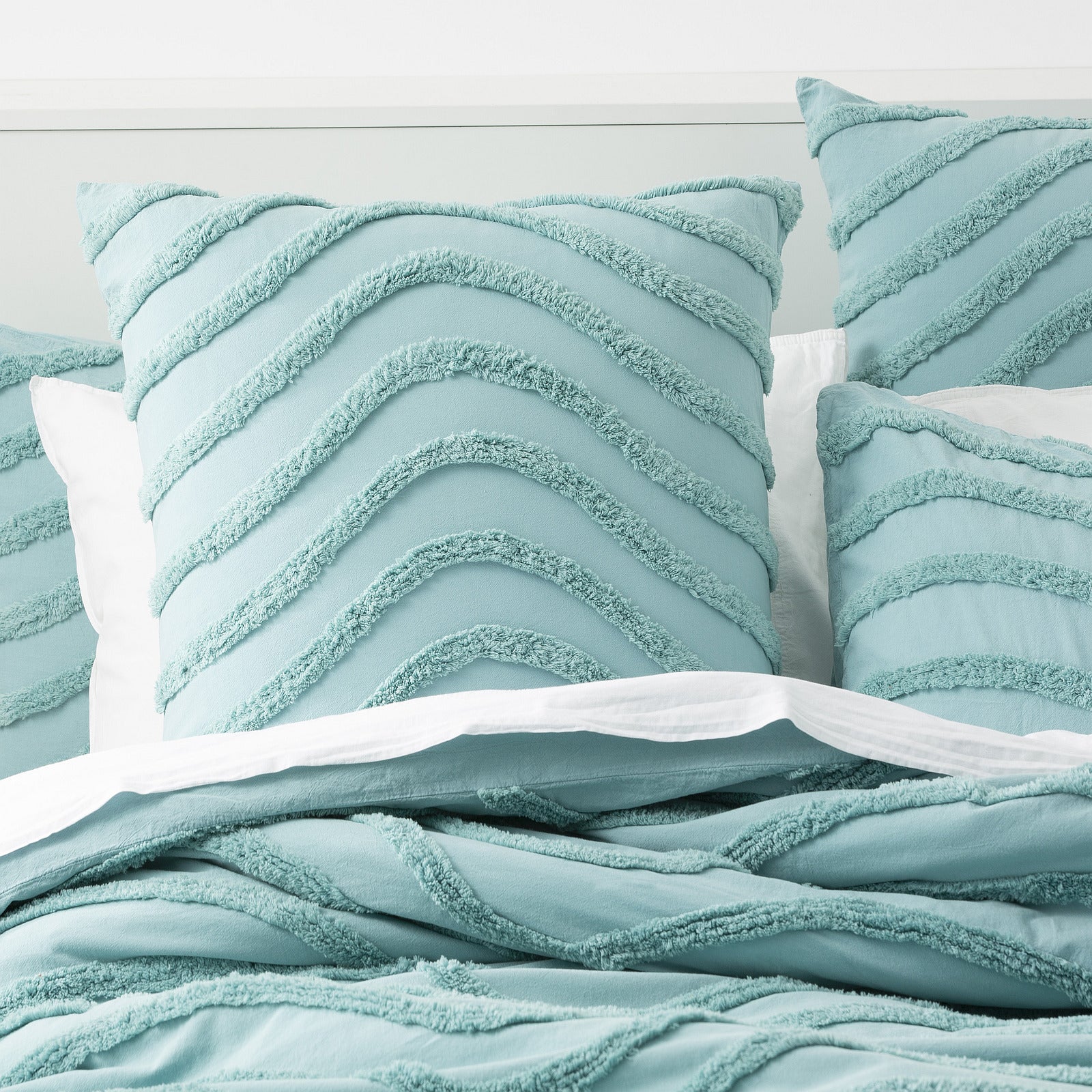 Cloud Linen Wave 100% Cotton Chenille Vintage washed tufted Quilt cover Set Euro P/Case Aqua