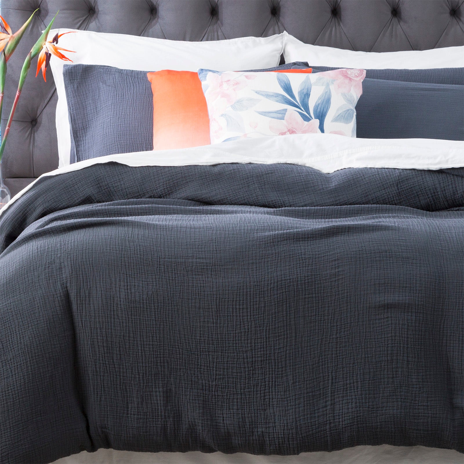 Renee Taylor Solana Washed Cotton Textured Quilt cover set Queen Blue