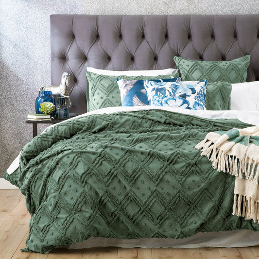 Park Avenue Medallion cotton Vintage washed Tufted Quilt Cover set Queen Sage