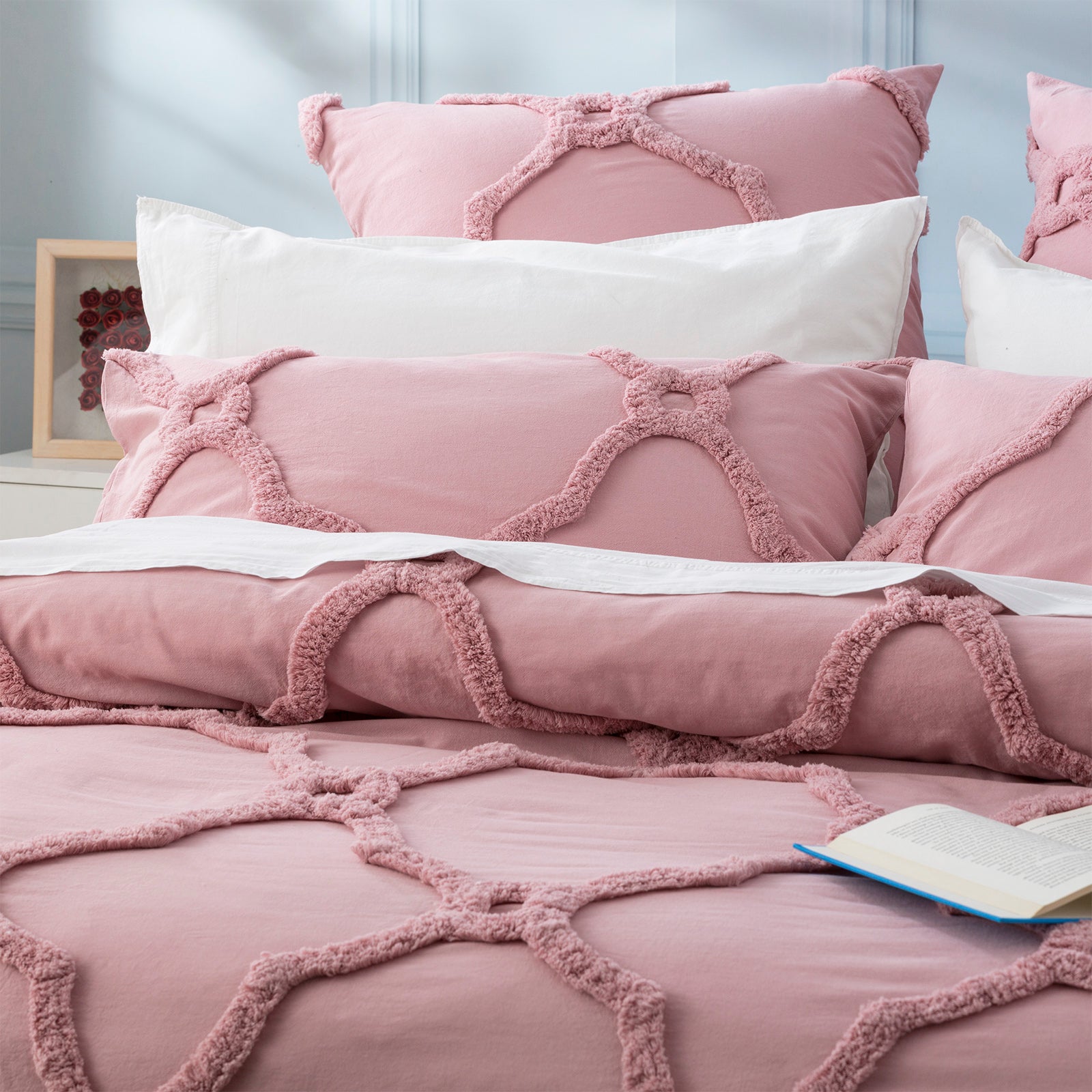 Renee Taylor Moroccan 100% Cotton Chenille Vintage washed Tufted Quilt cover set Queen Blush