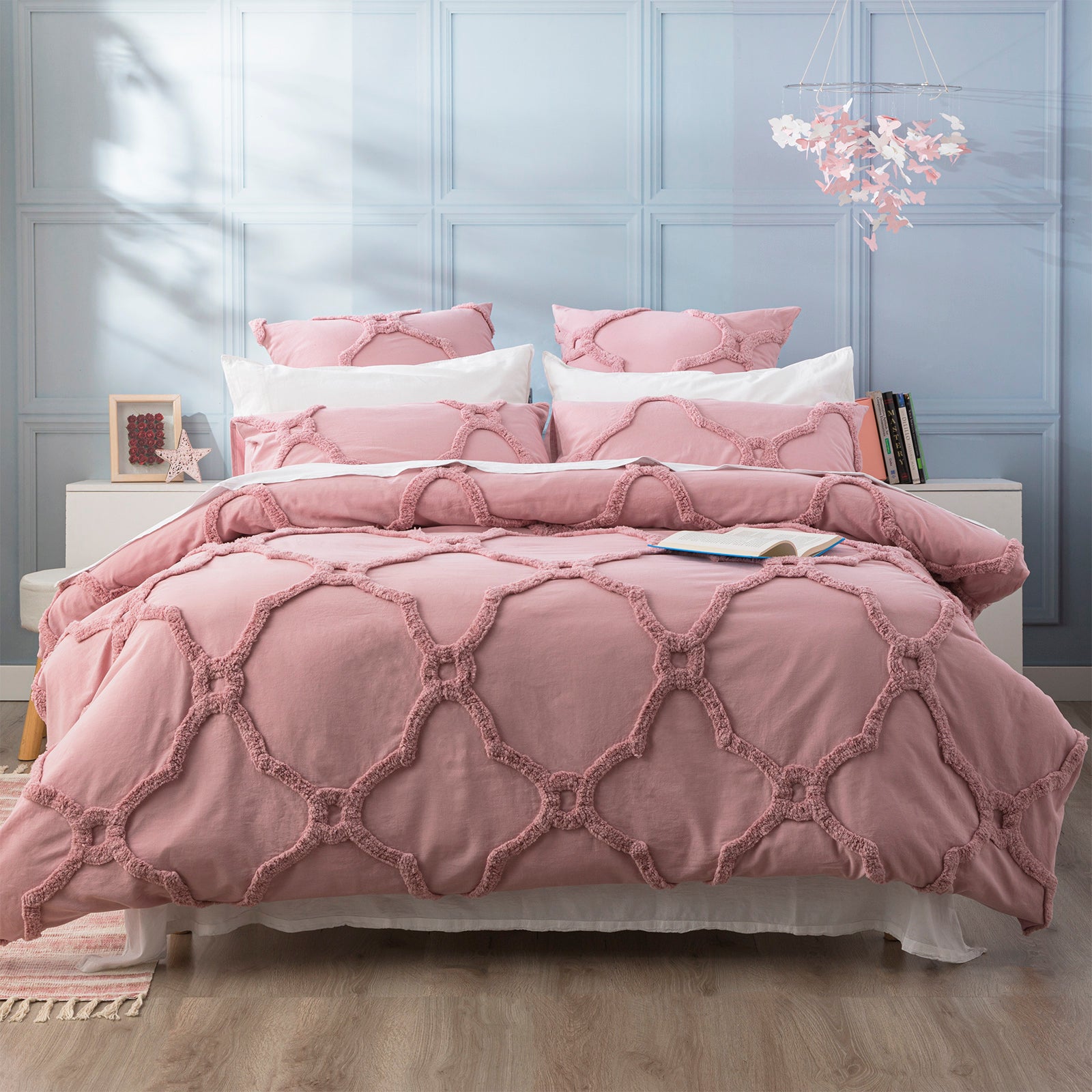 Renee Taylor Moroccan 100% Cotton Chenille Vintage washed Tufted Quilt cover set King Blush