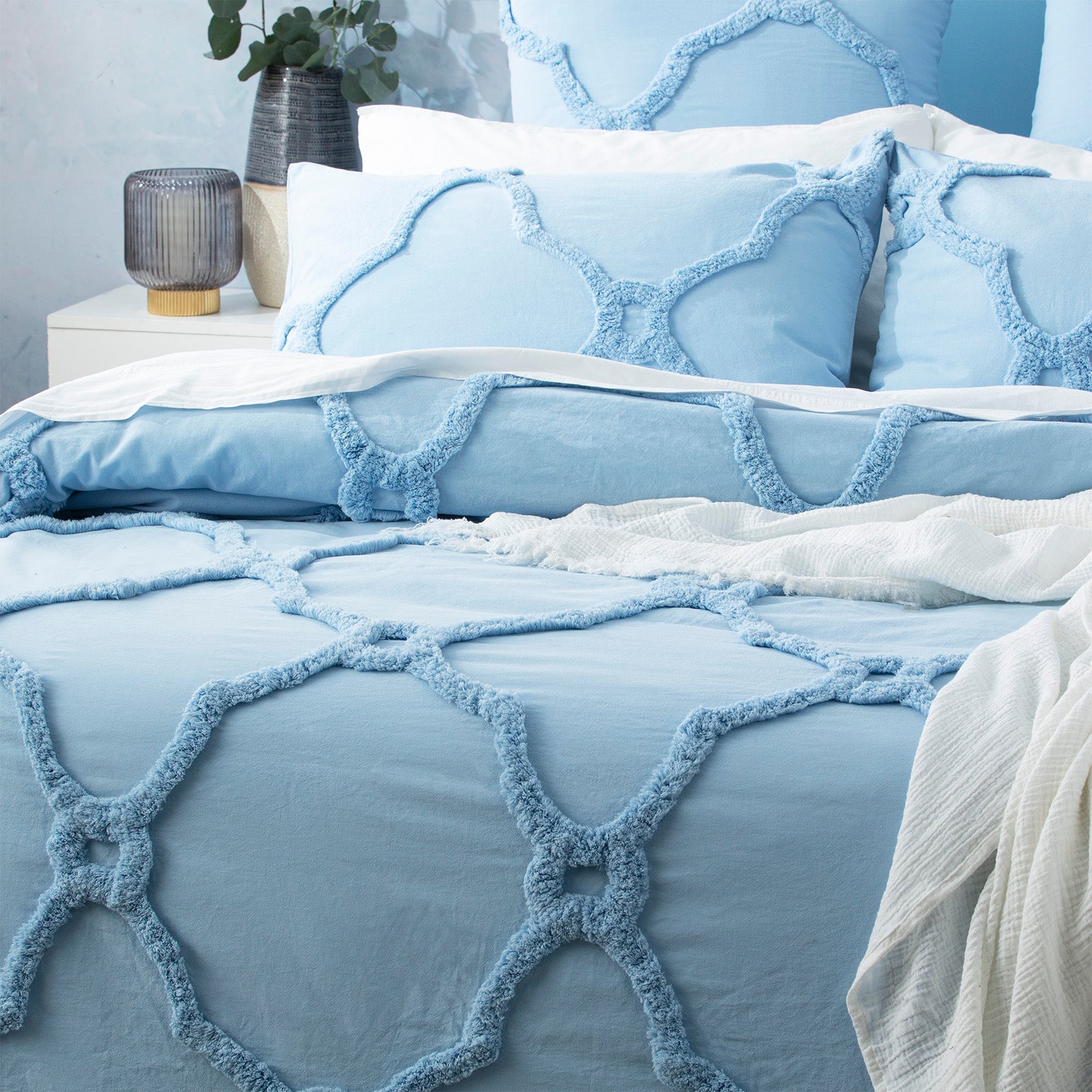 Renee Taylor Moroccan 100% Cotton Chenille Vintage washed Tufted Quilt cover set European P/Case Sky