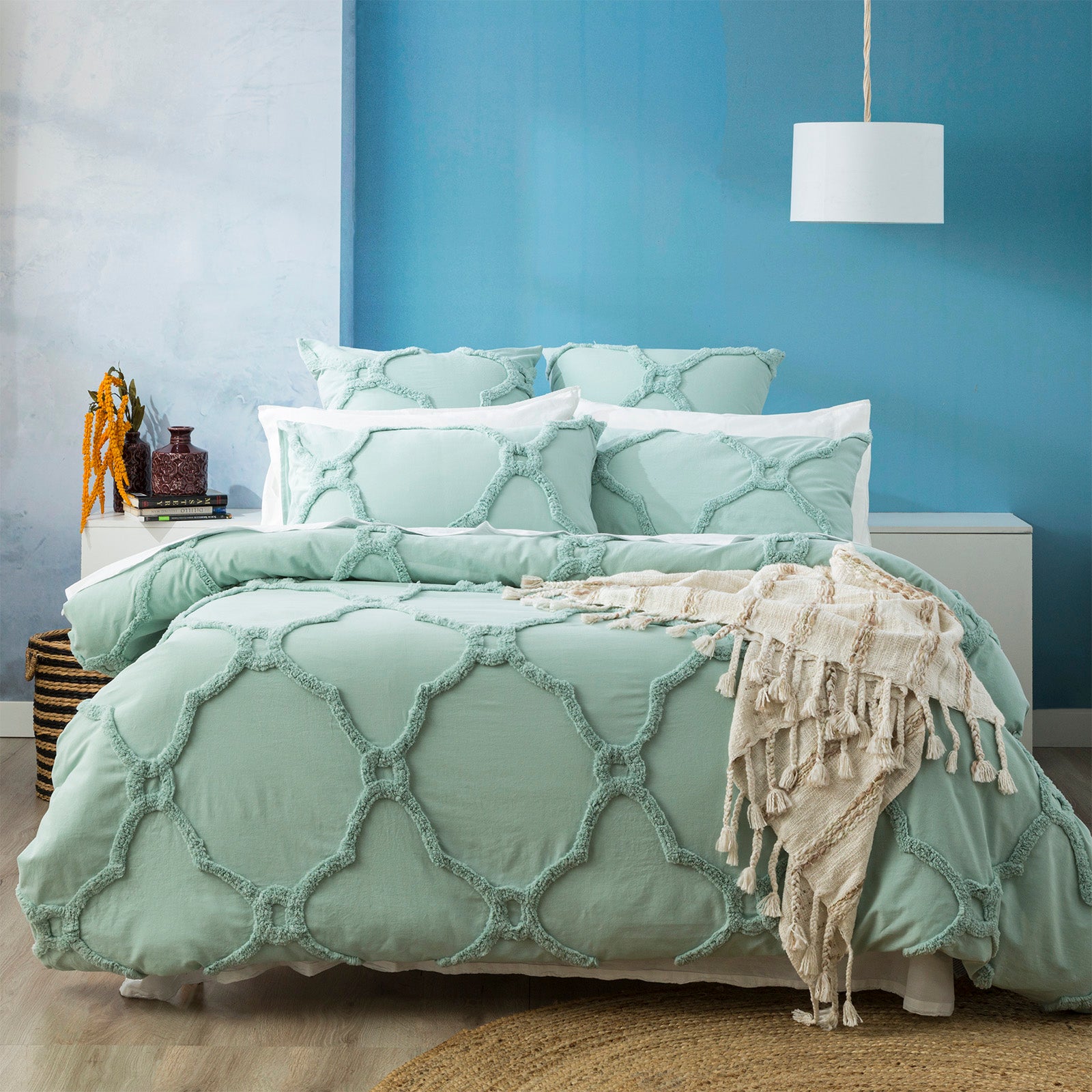 Renee Taylor Moroccan 100% Cotton Chenille Vintage washed Tufted Quilt cover set Super King Sage