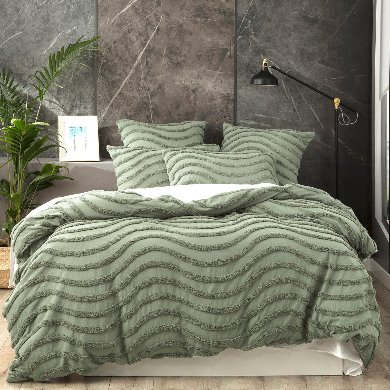 Cloud Linen Wave 100% Cotton Chenille Vintage washed tufted Quilt cover Set Euro P/Case Sage