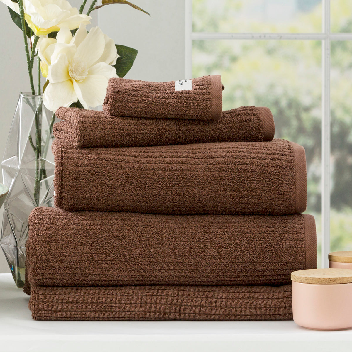 Renee Taylor Cobblestone 650 GSM Cotton Ribbed Towel Set - 5 Piece - Toffee