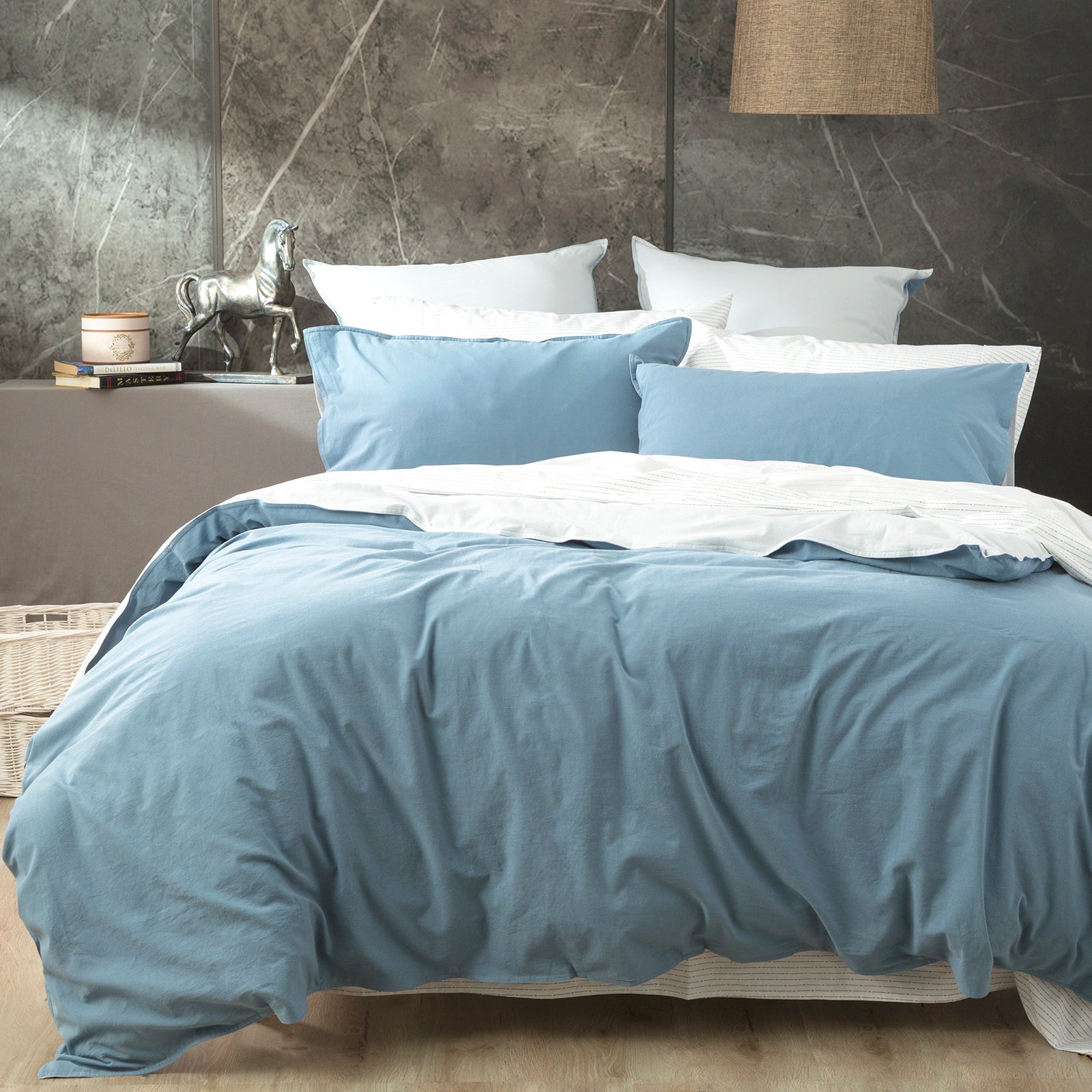 Renee Taylor Essentials Vintage stone washed reversible Quilt cover set Queen Blue