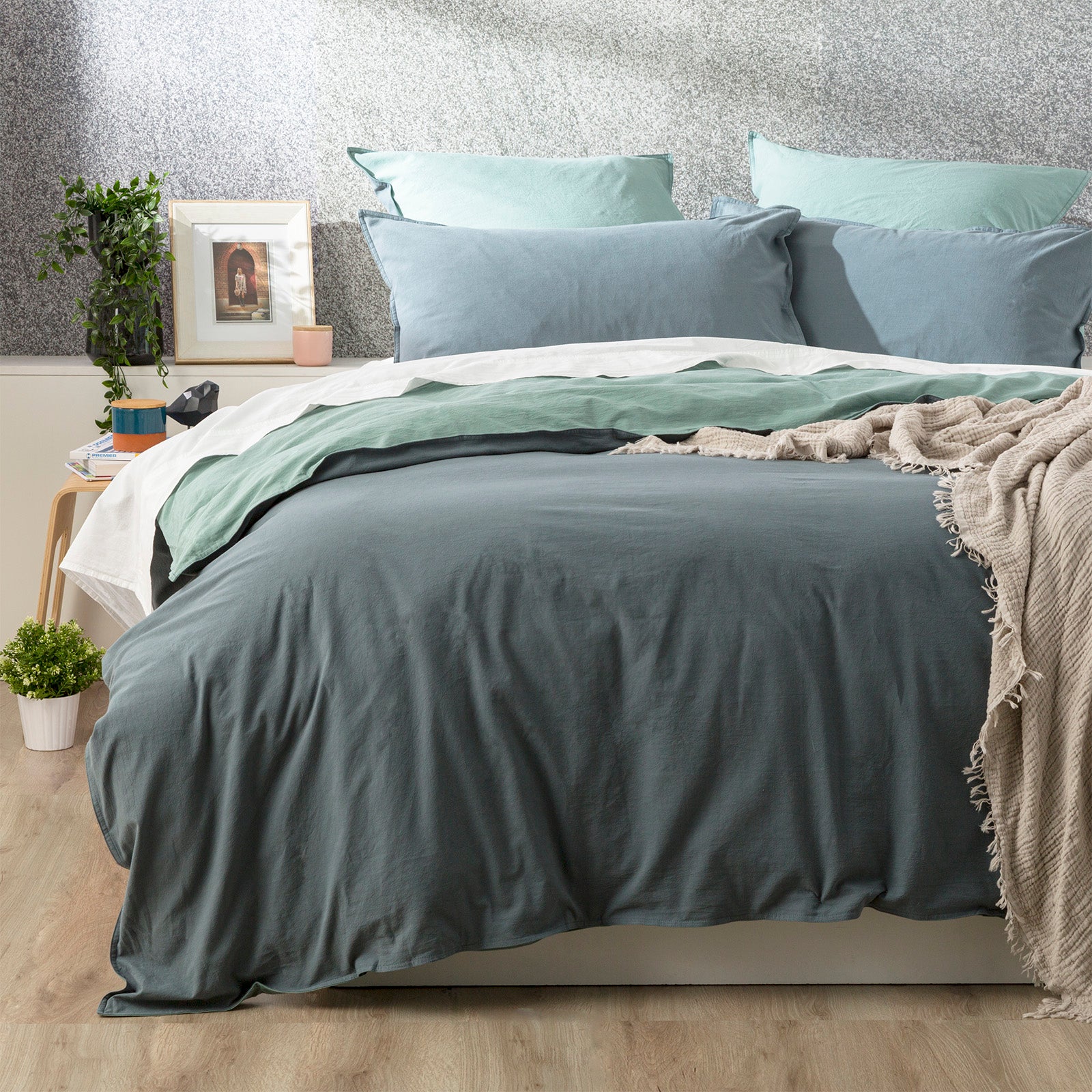 Renee Taylor Essentials Vintage stone washed reversible Quilt cover set Super King Mineral