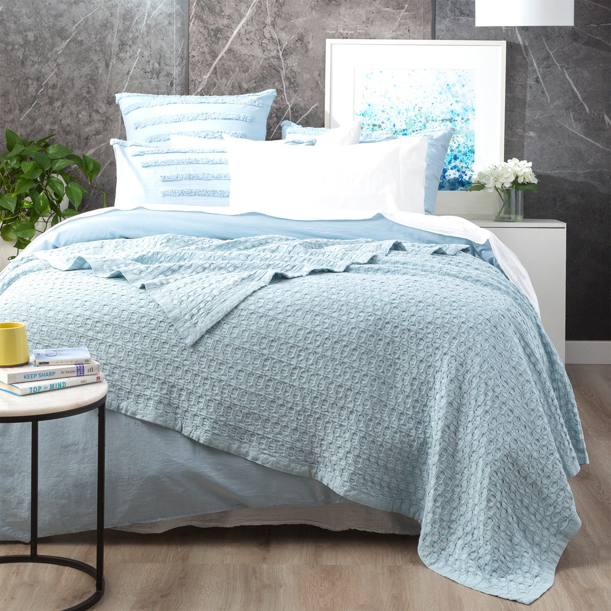 Renee Taylor Lexico Cotton Waffle Blanket - Single/Double - Sky