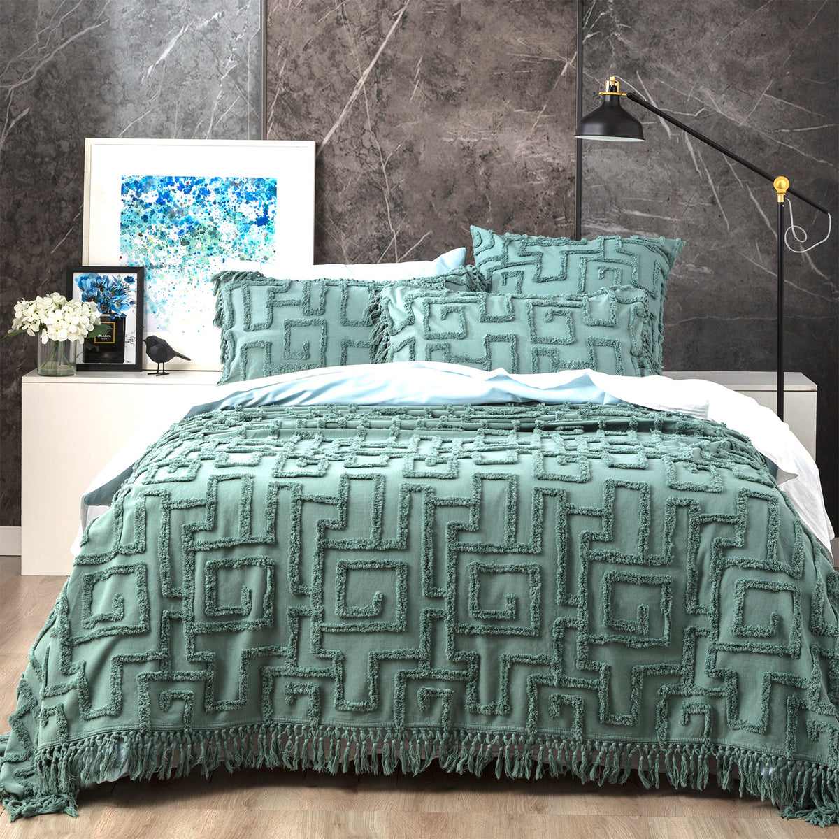 Renee Taylor Riley 100% Cotton Vintage Washed Tufted Bed Cover Set