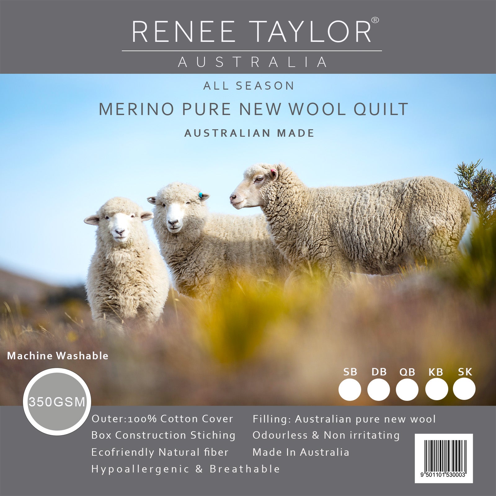 Renee Taylor Australian Pure Merino Wool Quilt 350 GSM Queen Bed