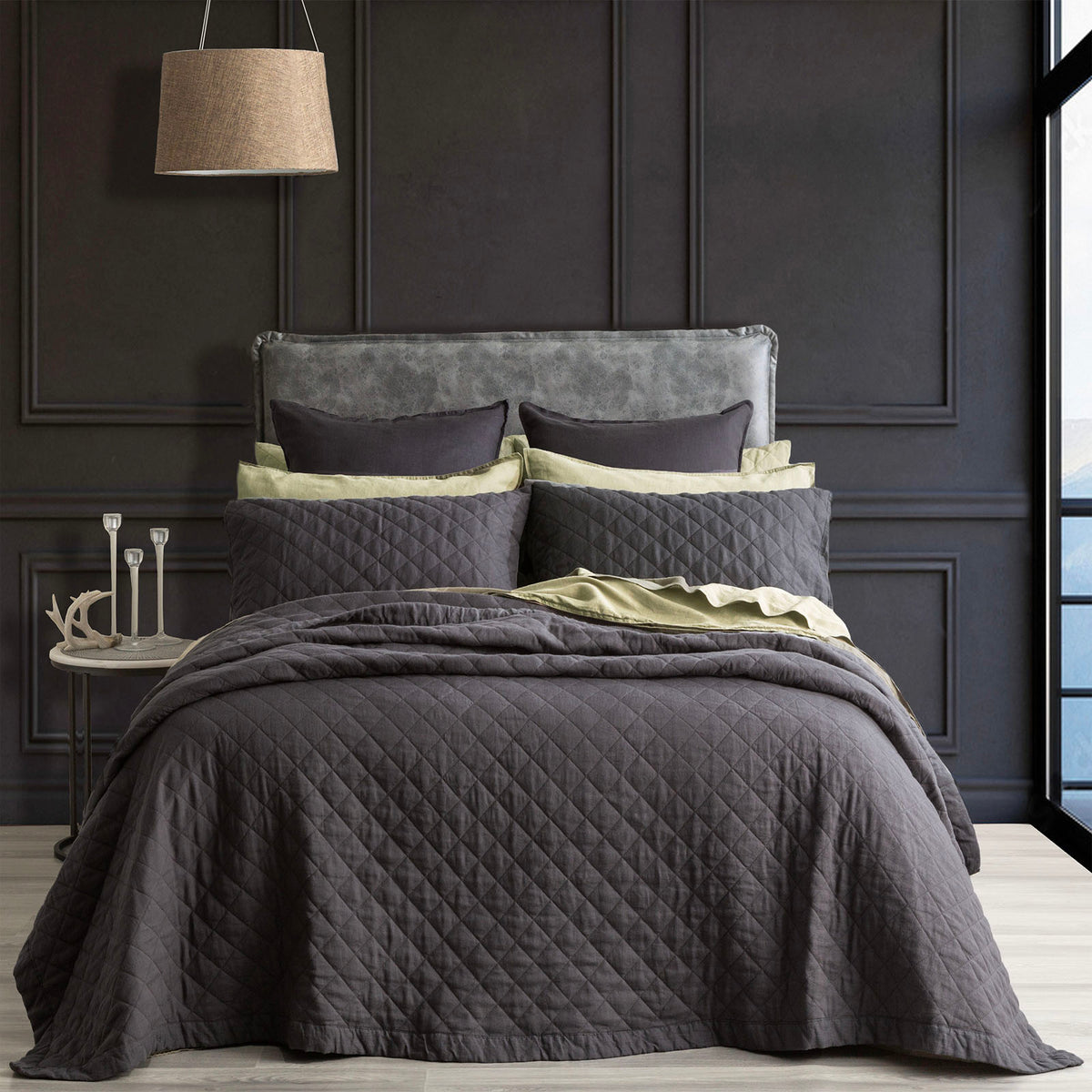 Renee Taylor Cavallo Stone Washed French Linen Quilted Coverlet Set - Super King - Magnet
