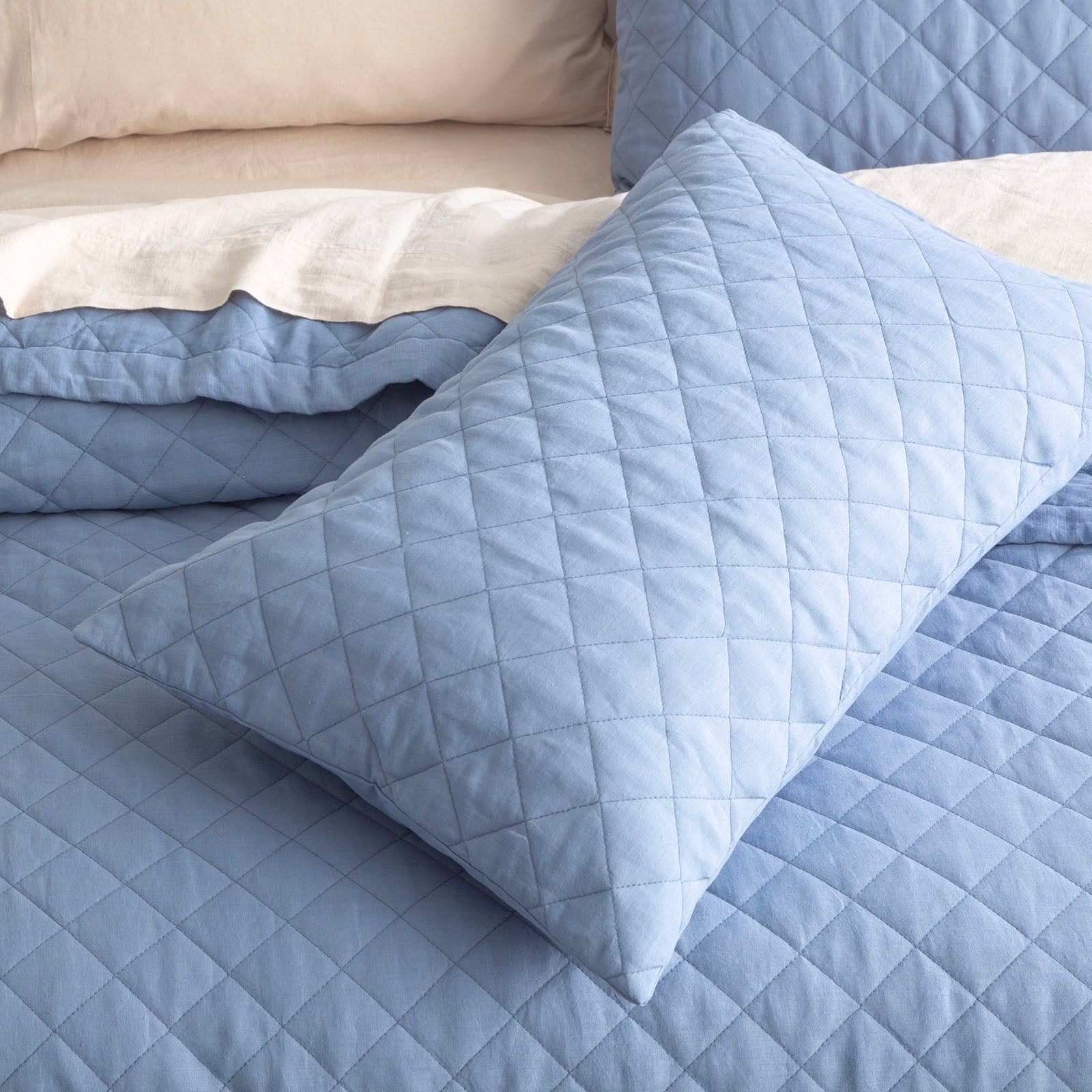 Renee Taylor Cavallo Stone washed French Linen Quilted Bed Coverlet Set Super King Denim